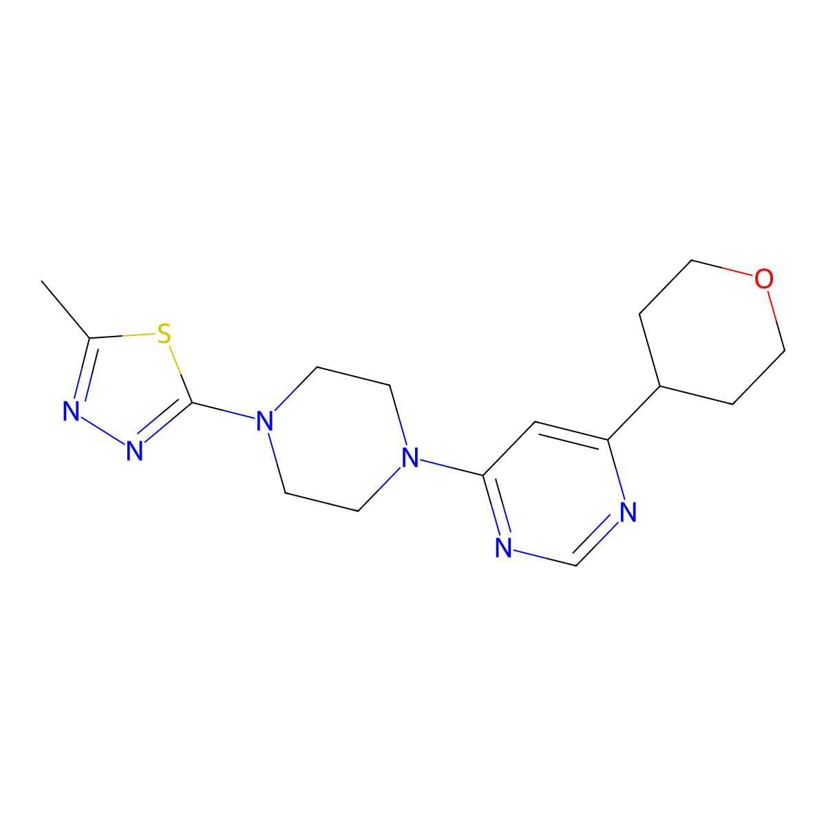 4-[4-(5-Methyl-1,3,4-thiadiazol-2-yl)piperazin-1-yl]-6-(oxan-4-yl)pyrimidine molecular structure, CAS 2415453-25-5