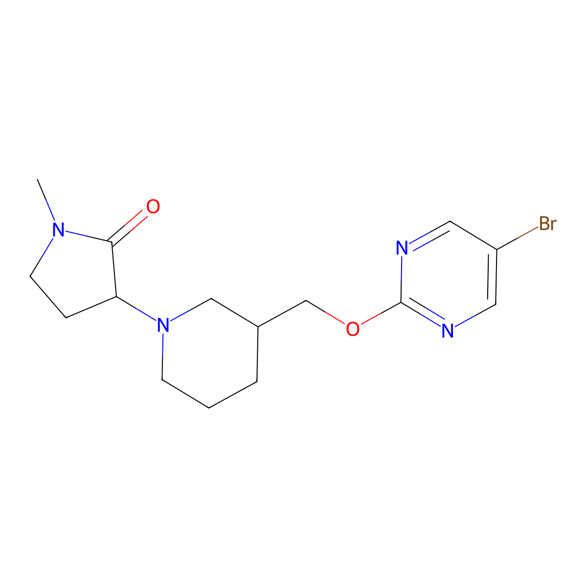 3-(3-{[(5-Bromopyrimidin-2-yl)oxy]methyl}piperidin-1-yl)-1-methylpyrrolidin-2-one molecular structure, CAS 2415453-26-6