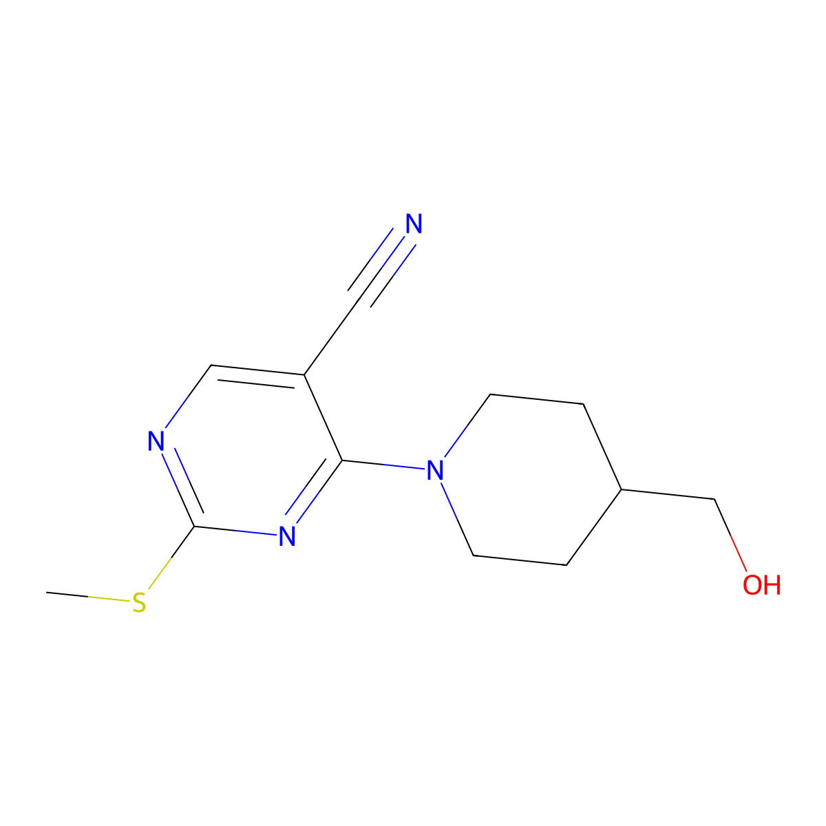 4-[4-(Hydroxymethyl)piperidin-1-yl]-2-(methylsulfanyl)pyrimidine-5-carbonitrile molecular structure, CAS 2415453-42-6