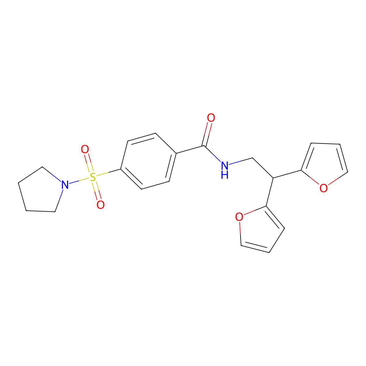 N-[2,2-bis(furan-2-yl)ethyl]-4-(pyrrolidine-1-sulfonyl)benzamide molecular structure, CAS 2415453-48-2