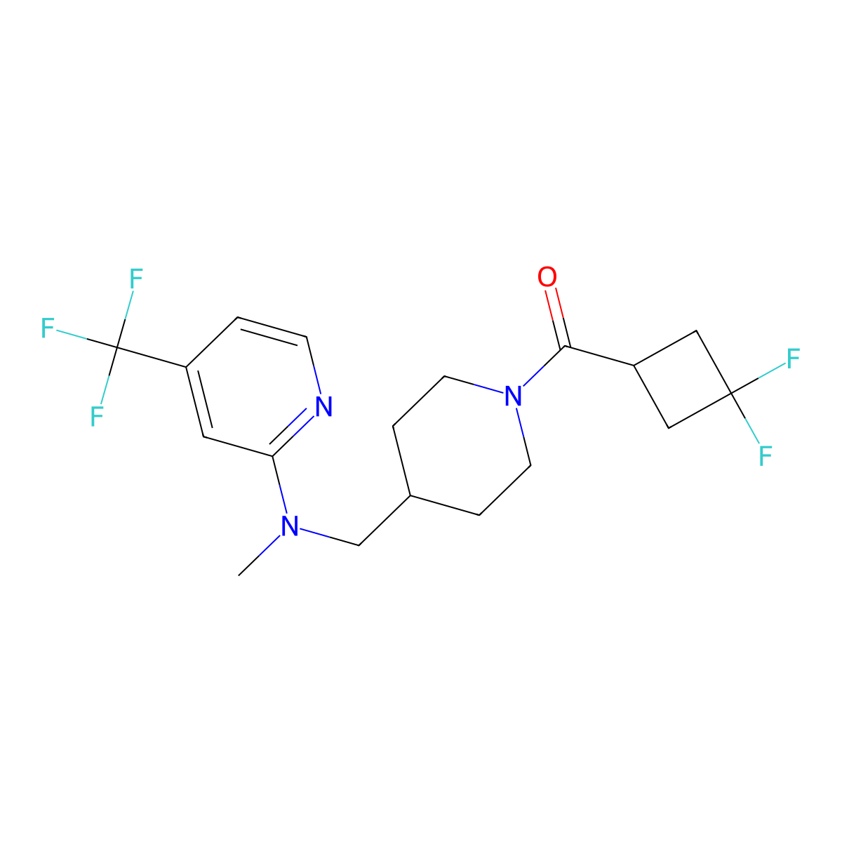 N-{[1-(3,3-difluorocyclobutanecarbonyl)piperidin-4-yl]methyl}-N-methyl-4-(trifluoromethyl)pyridin-2-amine molecular structure, CAS 2415453-49-3
