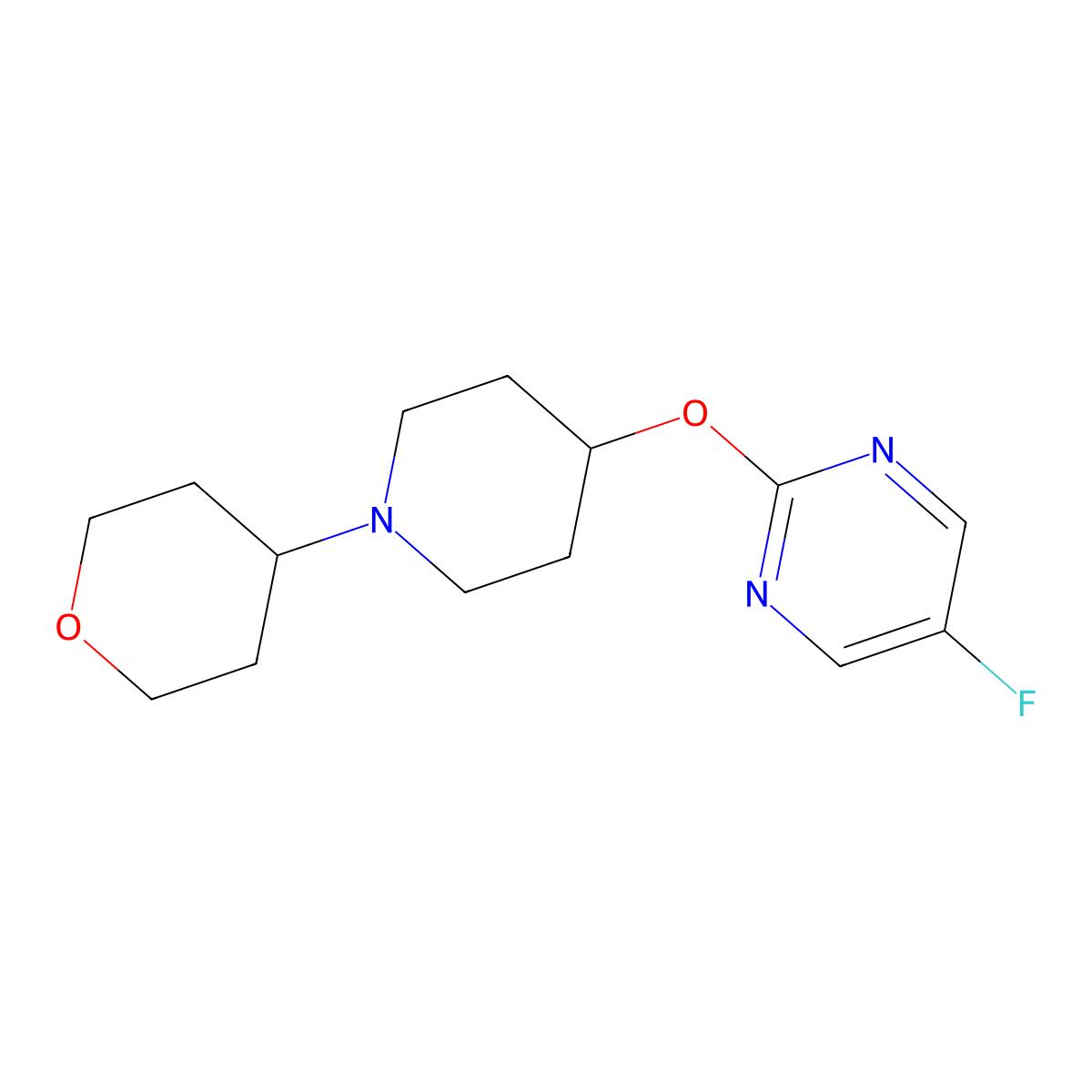 5-Fluoro-2-{[1-(oxan-4-yl)piperidin-4-yl]oxy}pyrimidine molecular structure, CAS 2415453-57-3
