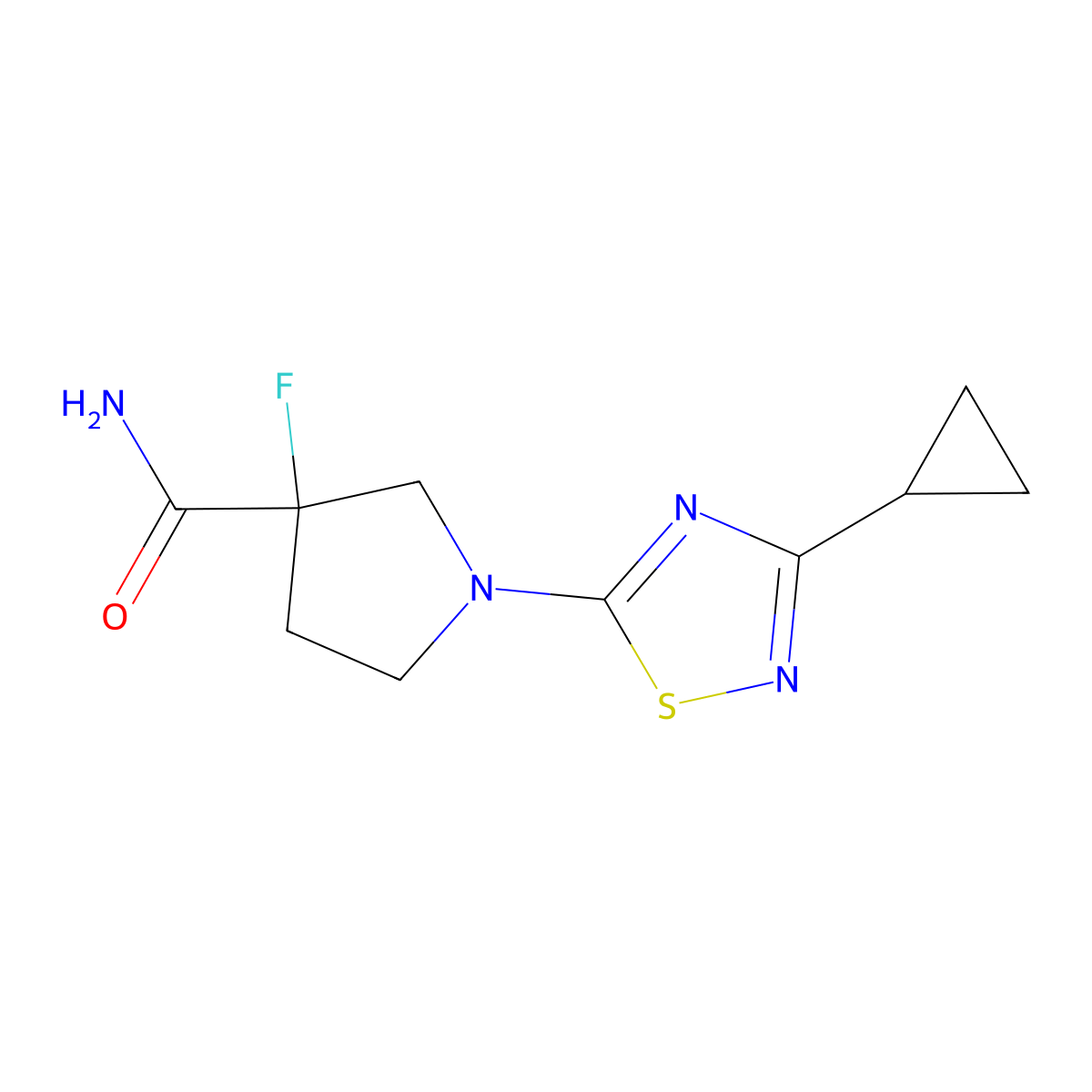 1-(3-Cyclopropyl-1,2,4-thiadiazol-5-yl)-3-fluoropyrrolidine-3-carboxamide molecular structure, CAS 2415453-62-0