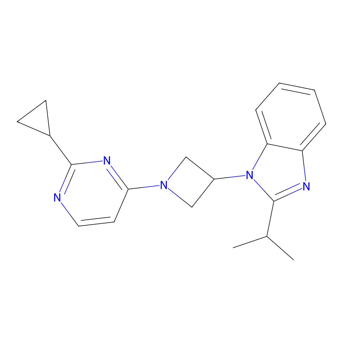 1-[1-(2-cyclopropylpyrimidin-4-yl)azetidin-3-yl]-2-(propan-2-yl)-1H-1,3-benzodiazole molecular structure, CAS 2415453-69-7