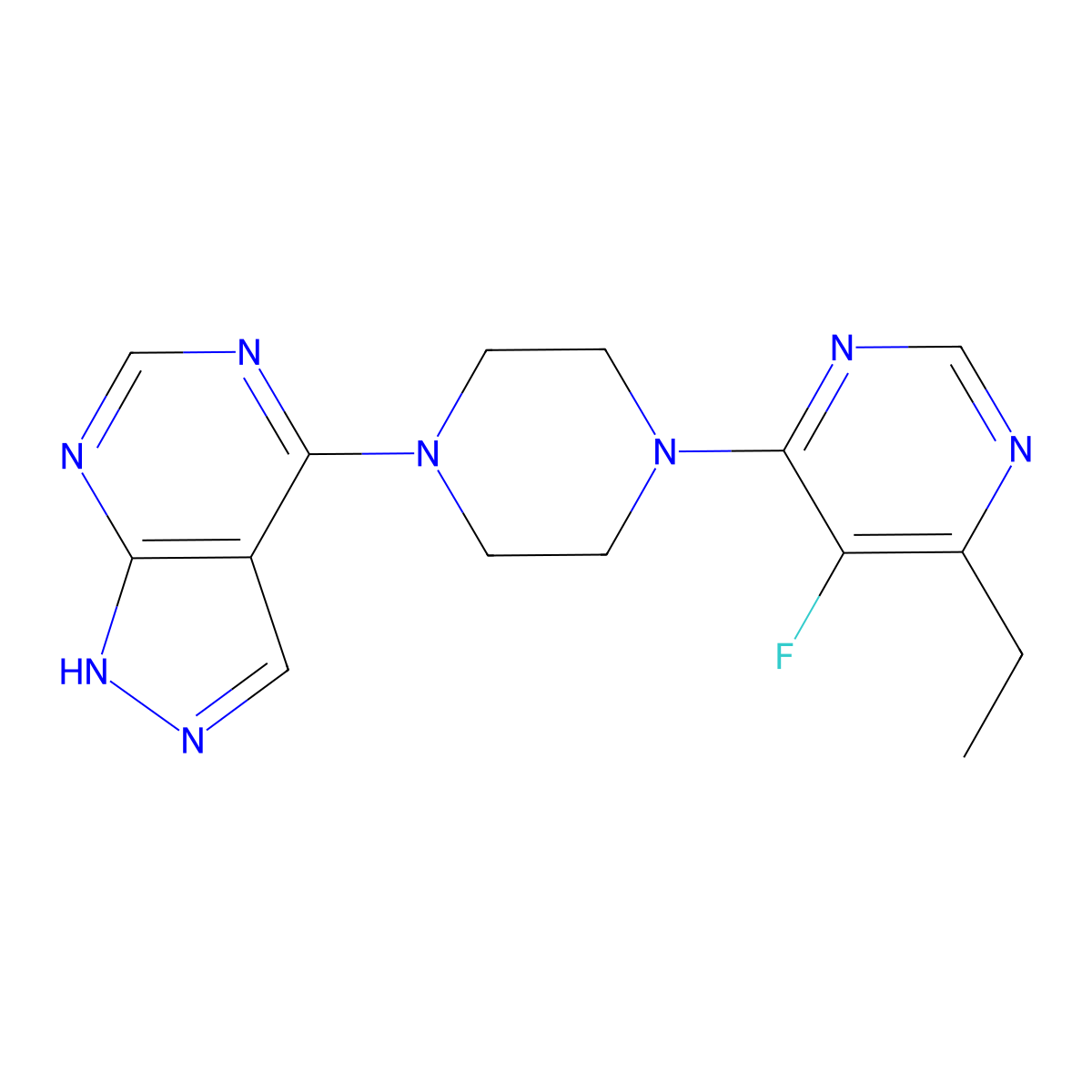 4-ethyl-5-fluoro-6-(4-{1H-pyrazolo[3,4-d]pyrimidin-4-yl}piperazin-1-yl)pyrimidine molecular structure, CAS 2415453-70-0