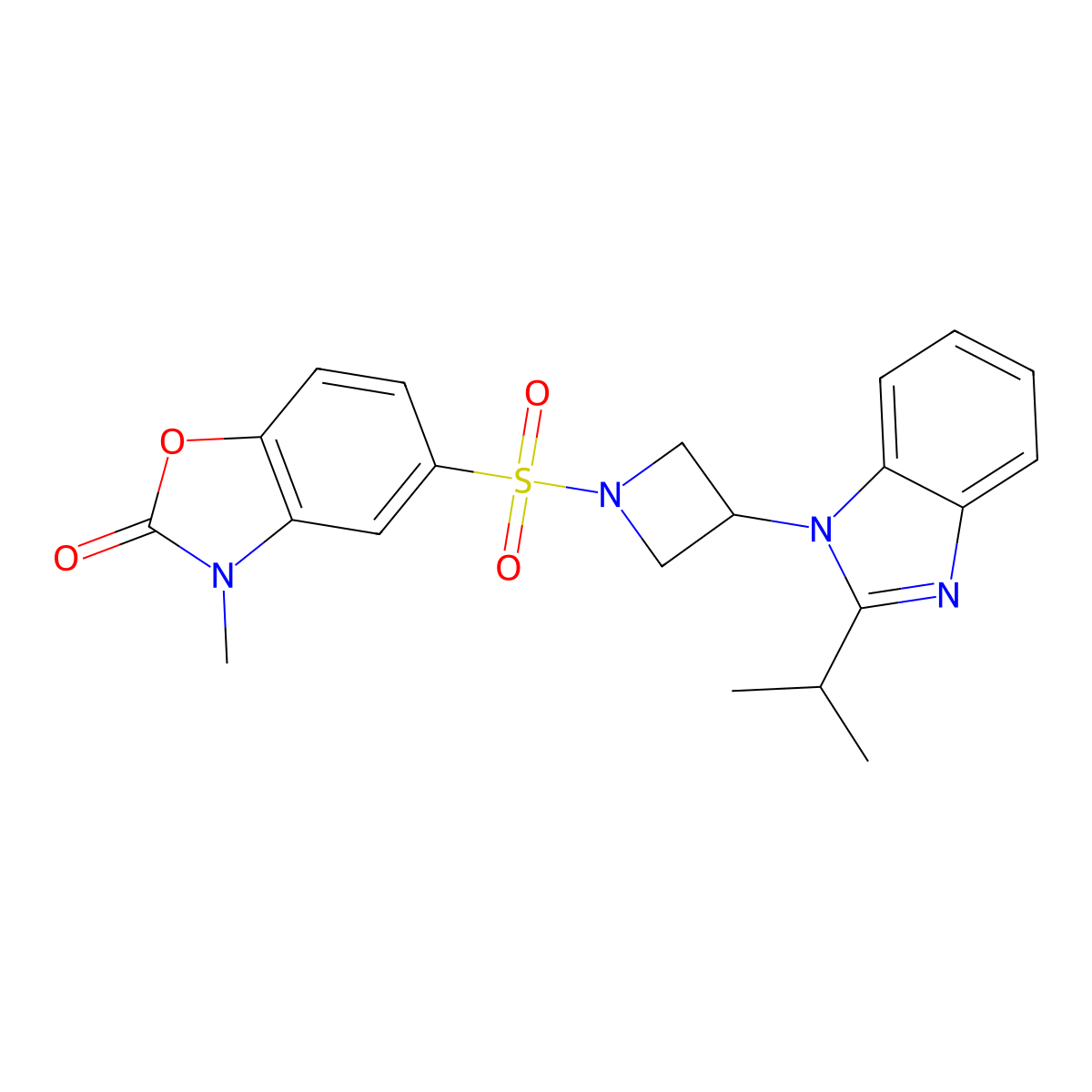 3-methyl-5-({3-[2-(propan-2-yl)-1H-1,3-benzodiazol-1-yl]azetidin-1-yl}sulfonyl)-2,3-dihydro-1,3-benzoxazol-2-one molecular structure, CAS 2415453-71-1