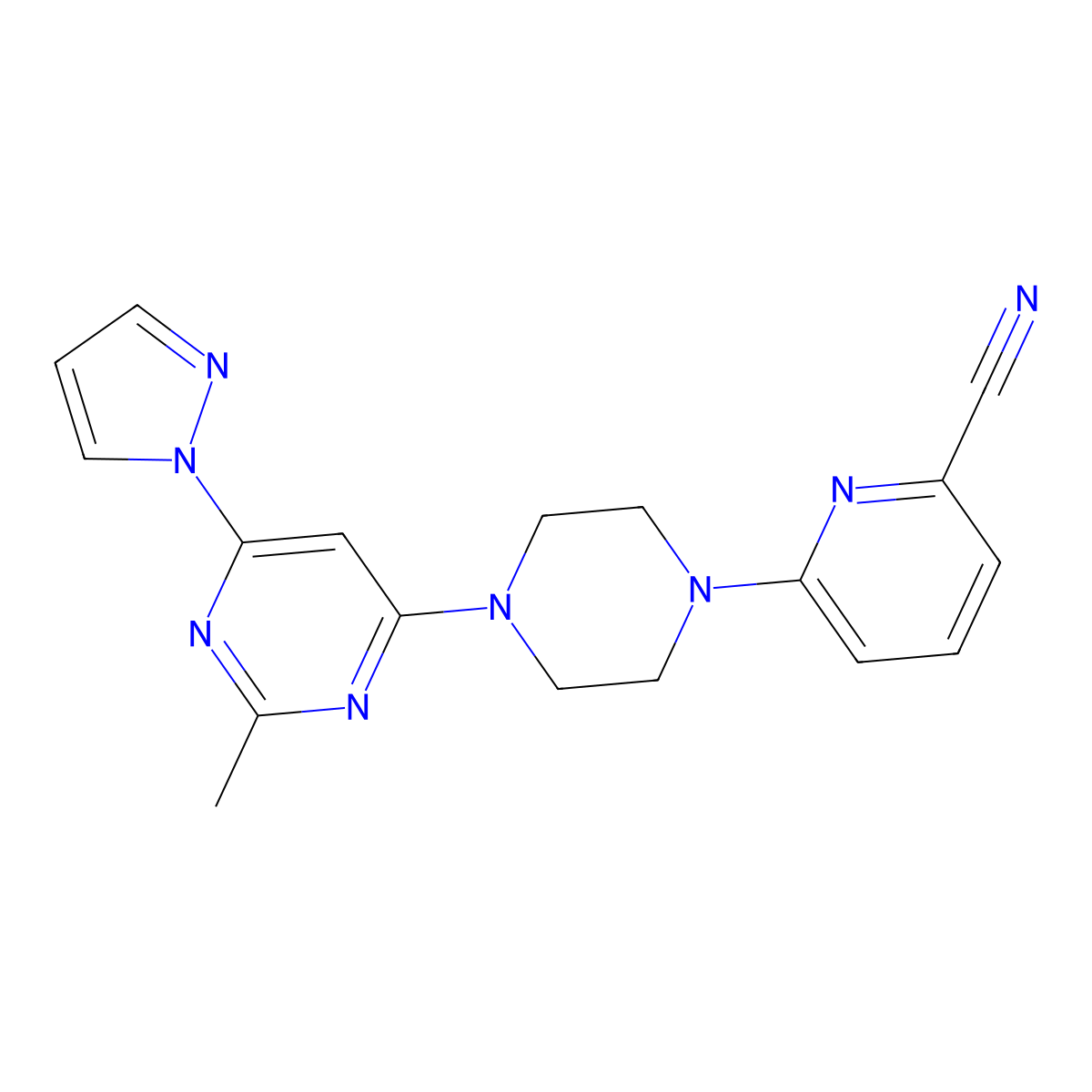 6-{4-[2-methyl-6-(1H-pyrazol-1-yl)pyrimidin-4-yl]piperazin-1-yl}pyridine-2-carbonitrile molecular structure, CAS 2415453-73-3