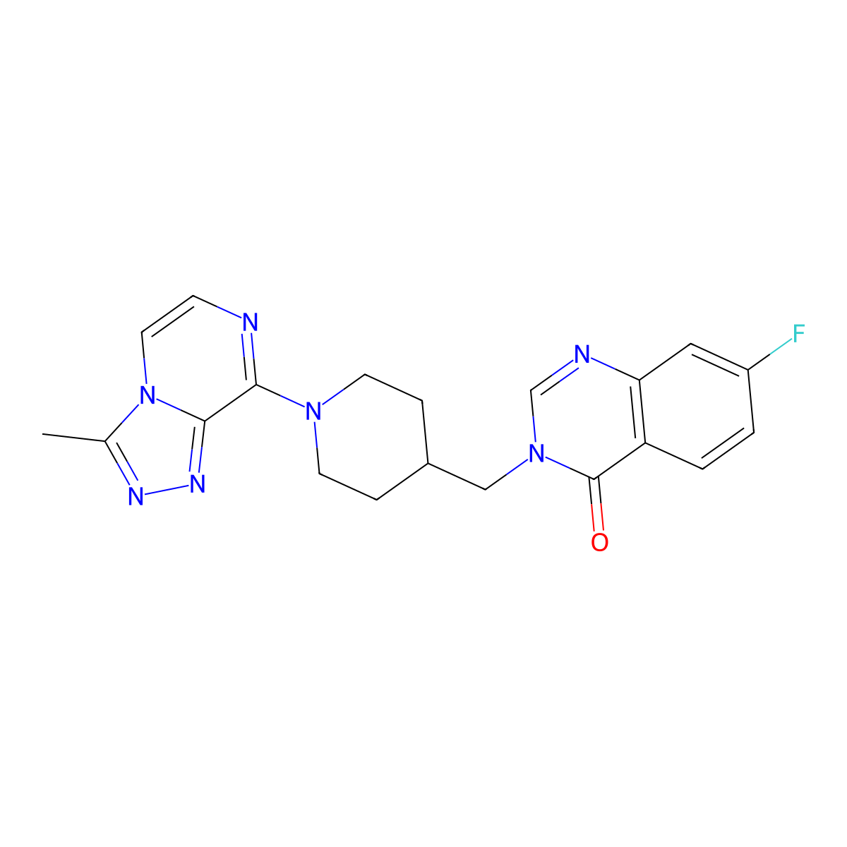 7-Fluoro-3-[(1-{3-methyl-[1,2,4]triazolo[4,3-a]pyrazin-8-yl}piperidin-4-yl)methyl]-3,4-dihydroquinazolin-4-one molecular structure, CAS 2415453-82-4
