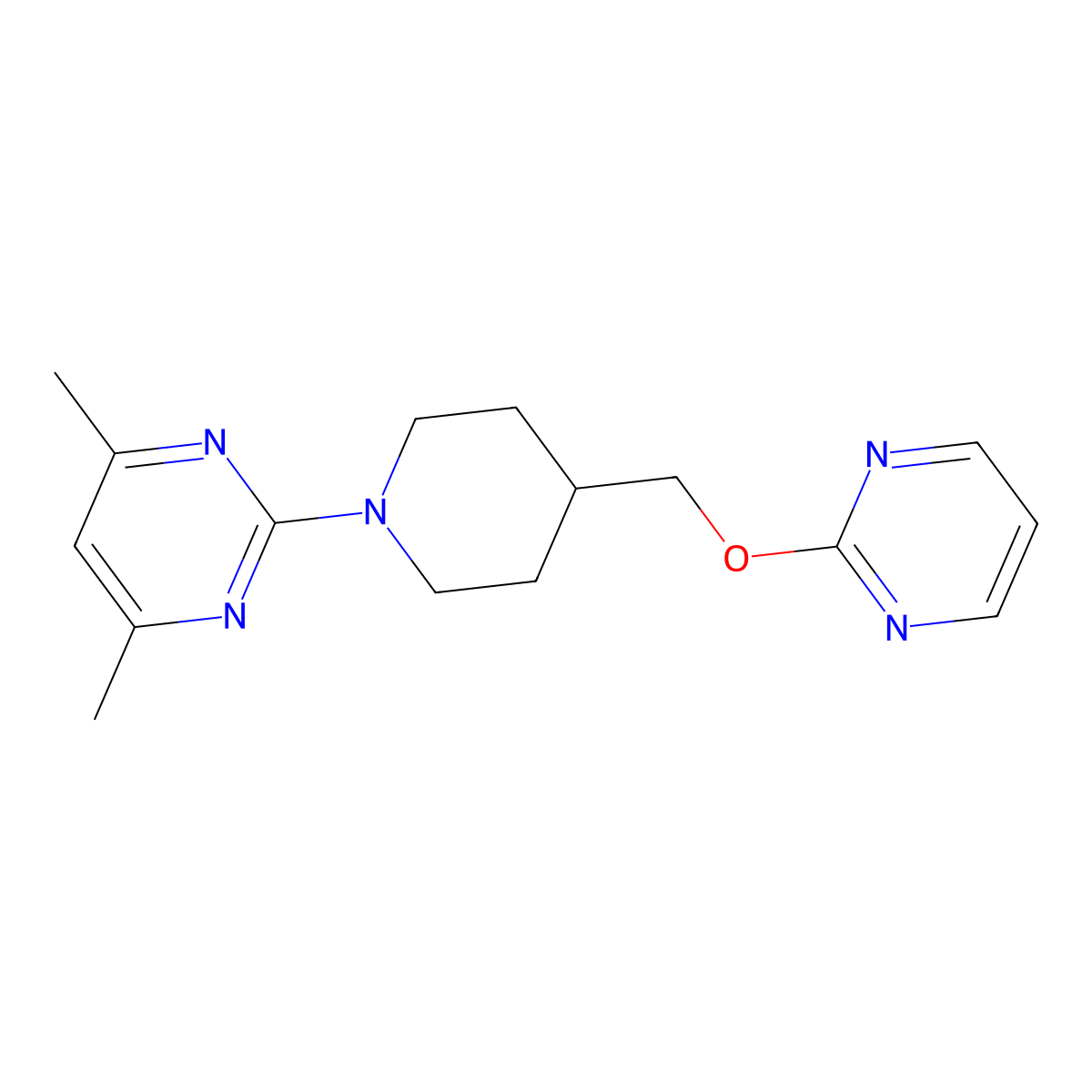 4,6-Dimethyl-2-{4-[(pyrimidin-2-yloxy)methyl]piperidin-1-yl}pyrimidine molecular structure, CAS 2415453-85-7