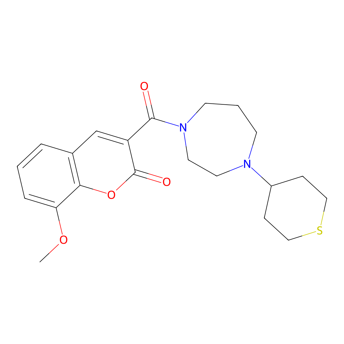 8-methoxy-3-[4-(thian-4-yl)-1,4-diazepane-1-carbonyl]-2H-chromen-2-one molecular structure, CAS 2415453-95-9