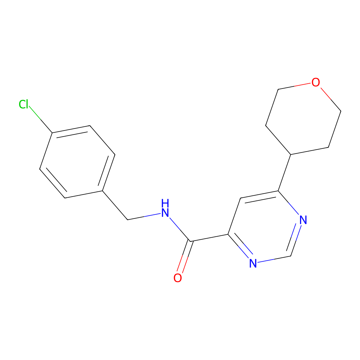 N-[(4-Chlorophenyl)methyl]-6-(oxan-4-yl)pyrimidine-4-carboxamide molecular structure, CAS 2415453-99-3
