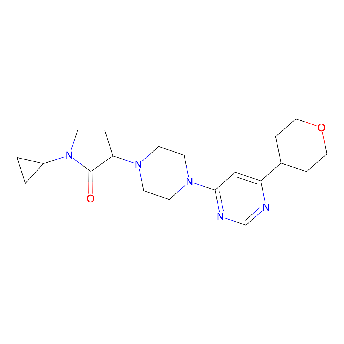 1-Cyclopropyl-3-{4-[6-(oxan-4-yl)pyrimidin-4-yl]piperazin-1-yl}pyrrolidin-2-one molecular structure, CAS 2415454-09-8
