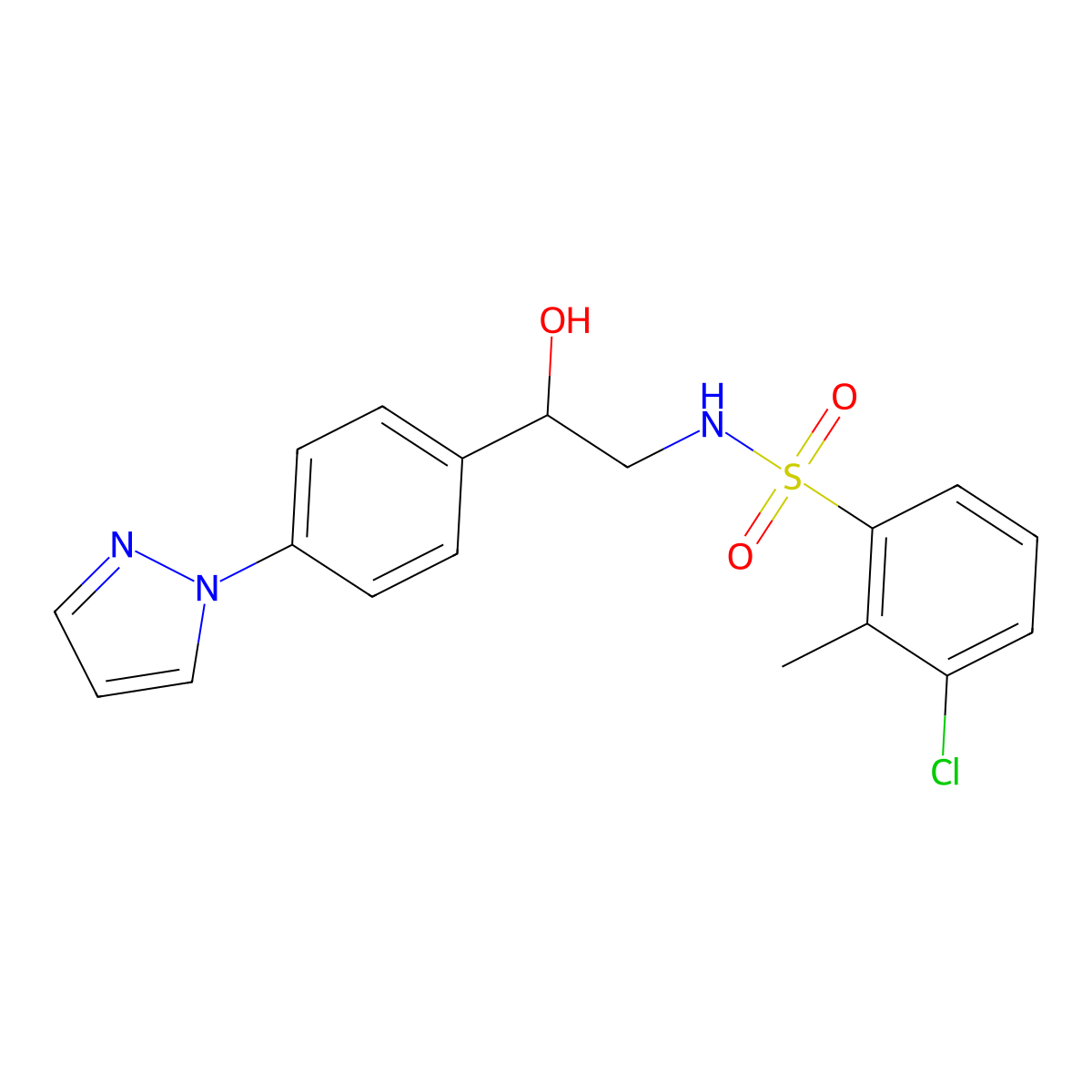 3-chloro-N-{2-hydroxy-2-[4-(1H-pyrazol-1-yl)phenyl]ethyl}-2-methylbenzene-1-sulfonamide molecular structure, CAS 2415454-11-2