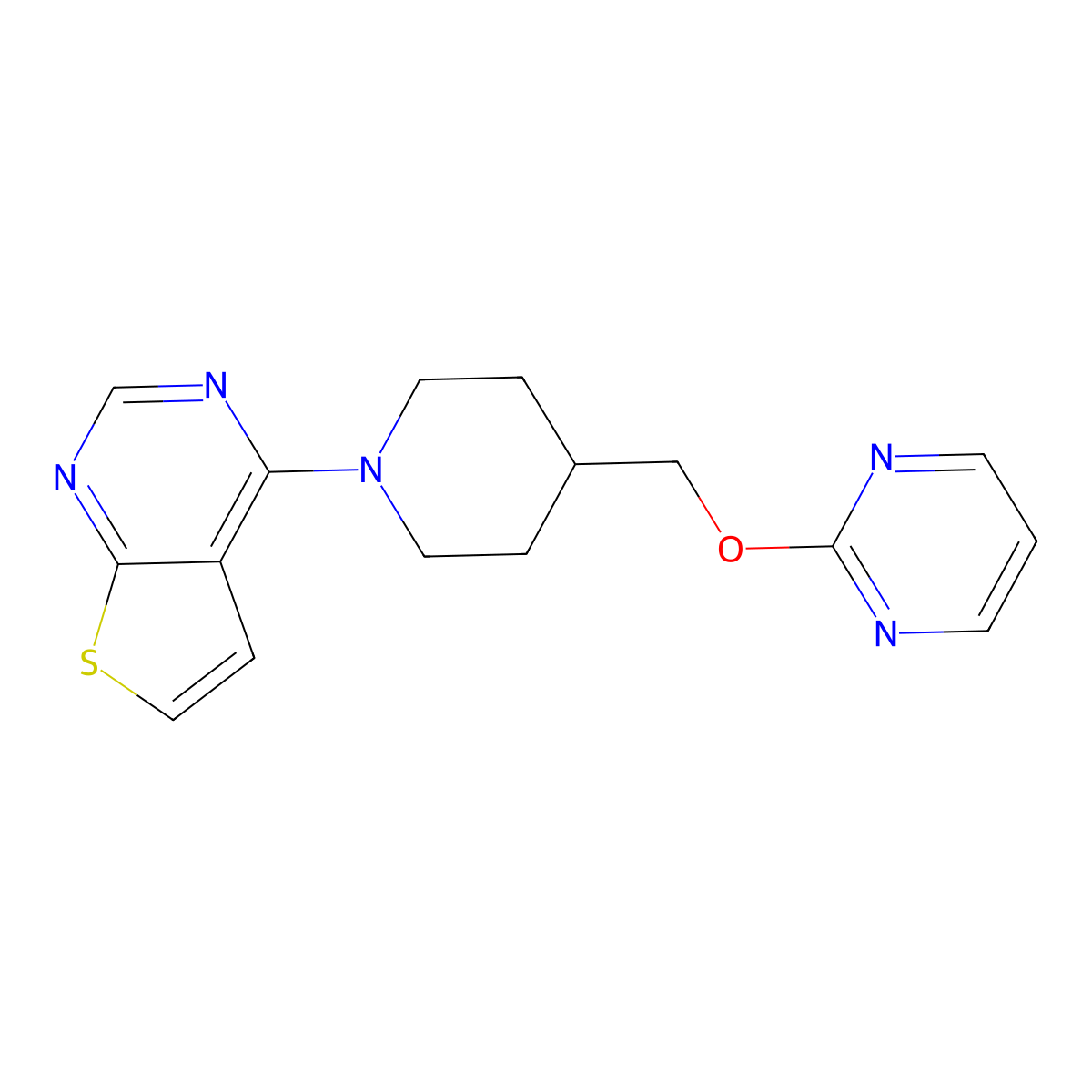2-[(1-{Thieno[2,3-d]pyrimidin-4-yl}piperidin-4-yl)methoxy]pyrimidine molecular structure, CAS 2415454-12-3