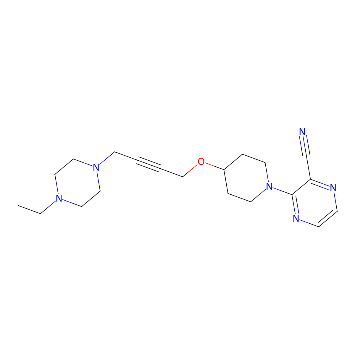 3-(4-{[4-(4-Ethylpiperazin-1-yl)but-2-yn-1-yl]oxy}piperidin-1-yl)pyrazine-2-carbonitrile molecular structure, CAS 2415454-19-0