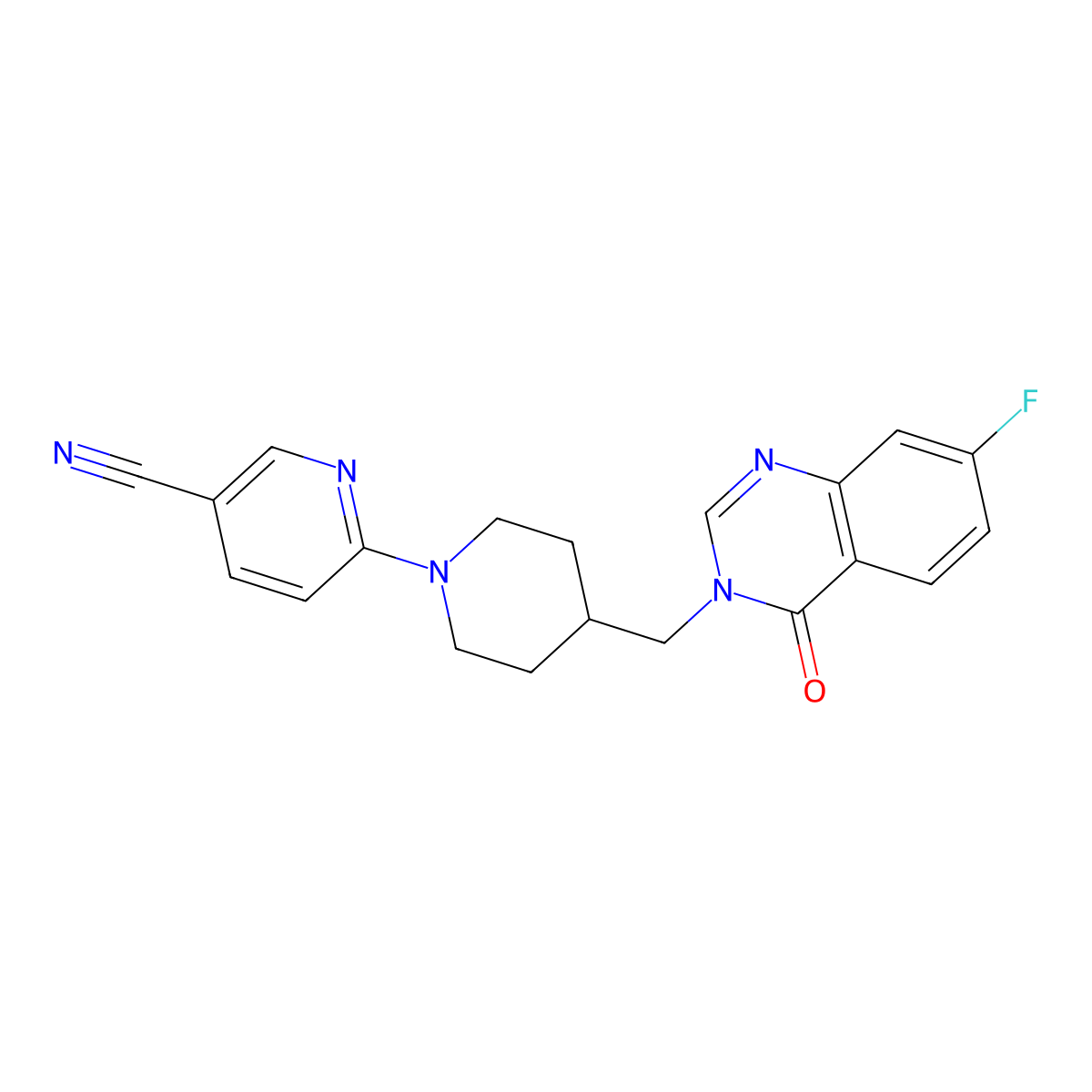6-{4-[(7-Fluoro-4-oxo-3,4-dihydroquinazolin-3-yl)methyl]piperidin-1-yl}pyridine-3-carbonitrile molecular structure, CAS 2415454-23-6