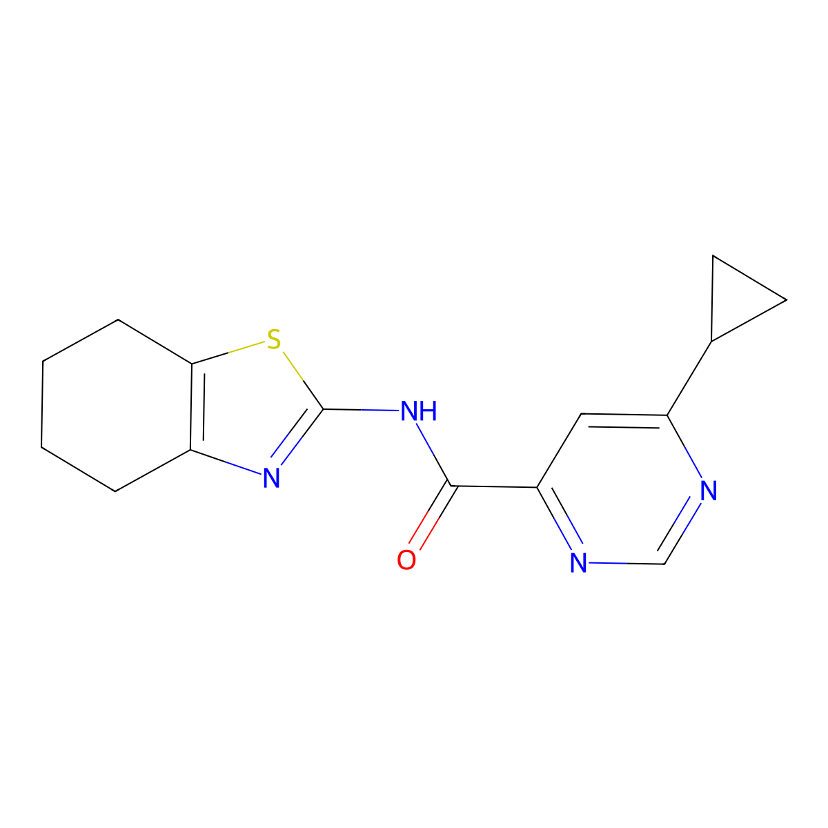 6-Cyclopropyl-N-(4,5,6,7-tetrahydro-1,3-benzothiazol-2-yl)pyrimidine-4-carboxamide molecular structure, CAS 2415454-25-8