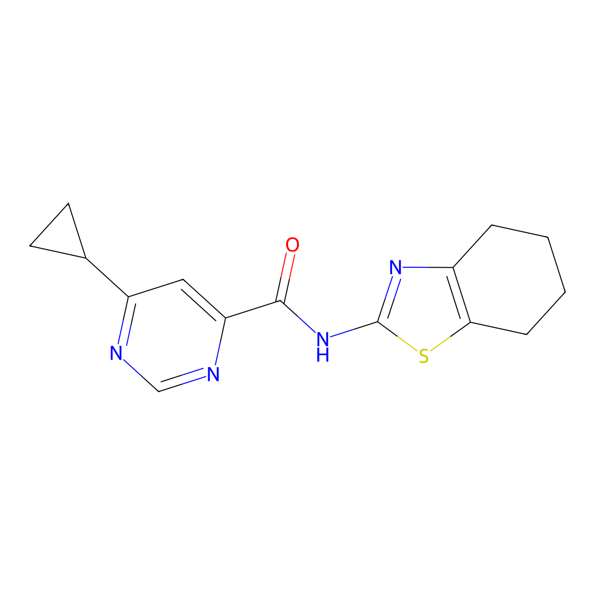 6-Cyclopropyl-N-(4,5,6,7-tetrahydro-1,3-benzothiazol-2-yl)pyrimidine-4-carboxamide molecular structure, CAS 2415454-25-8