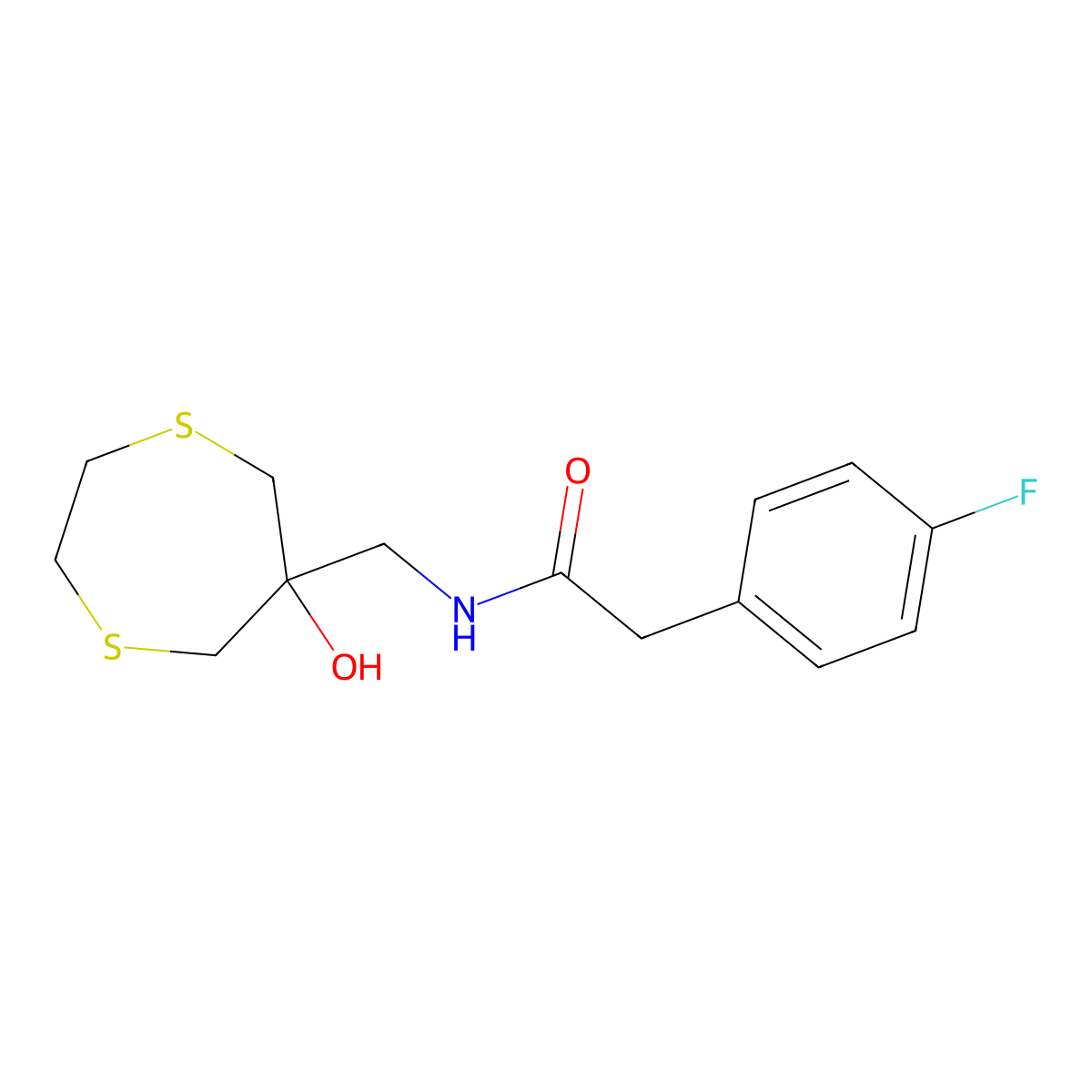 2-(4-fluorophenyl)-N-[(6-hydroxy-1,4-dithiepan-6-yl)methyl]acetamide molecular structure, CAS 2415454-29-2