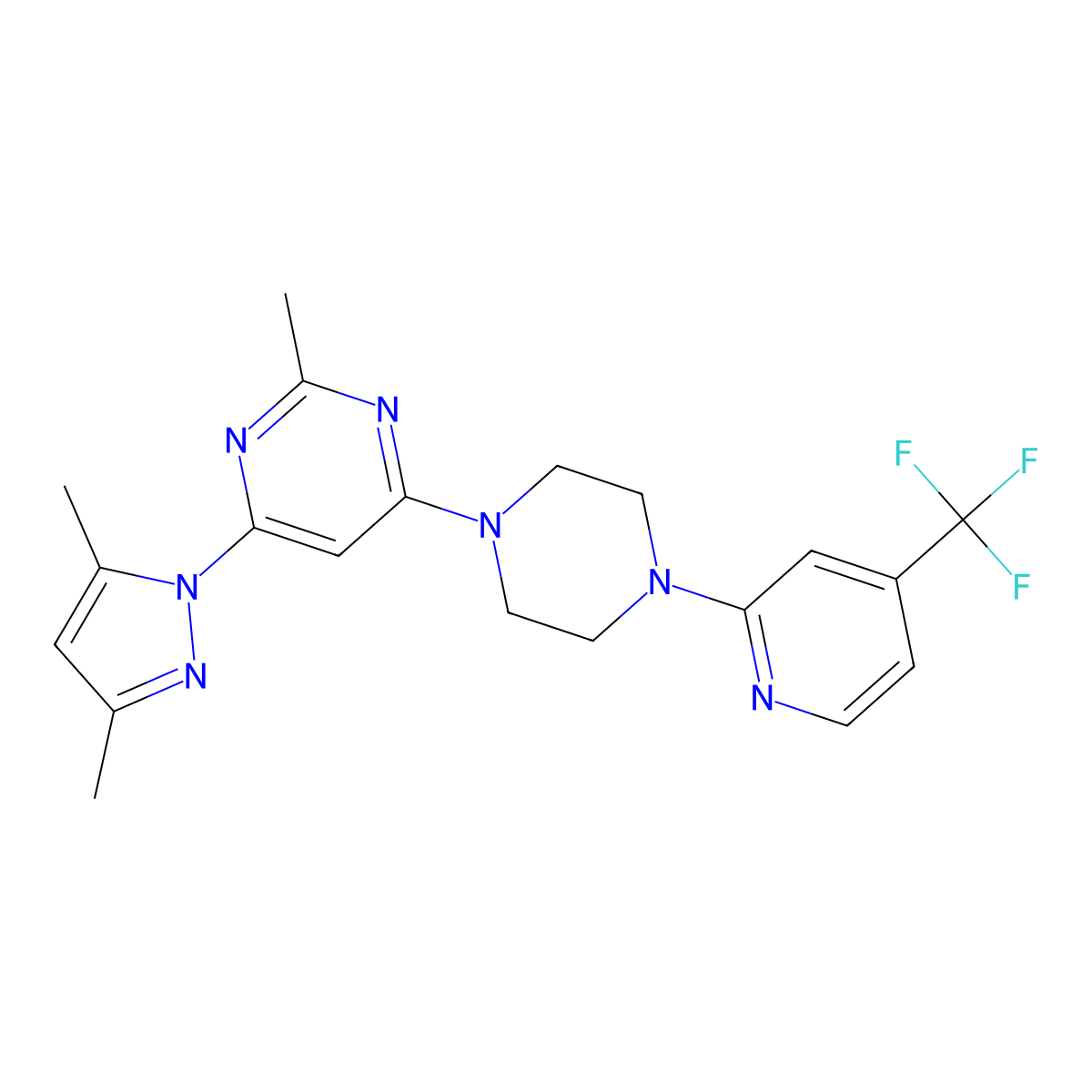 4-(3,5-dimethyl-1H-pyrazol-1-yl)-2-methyl-6-{4-[4-(trifluoromethyl)pyridin-2-yl]piperazin-1-yl}pyrimidine molecular structure, CAS 2415454-43-0