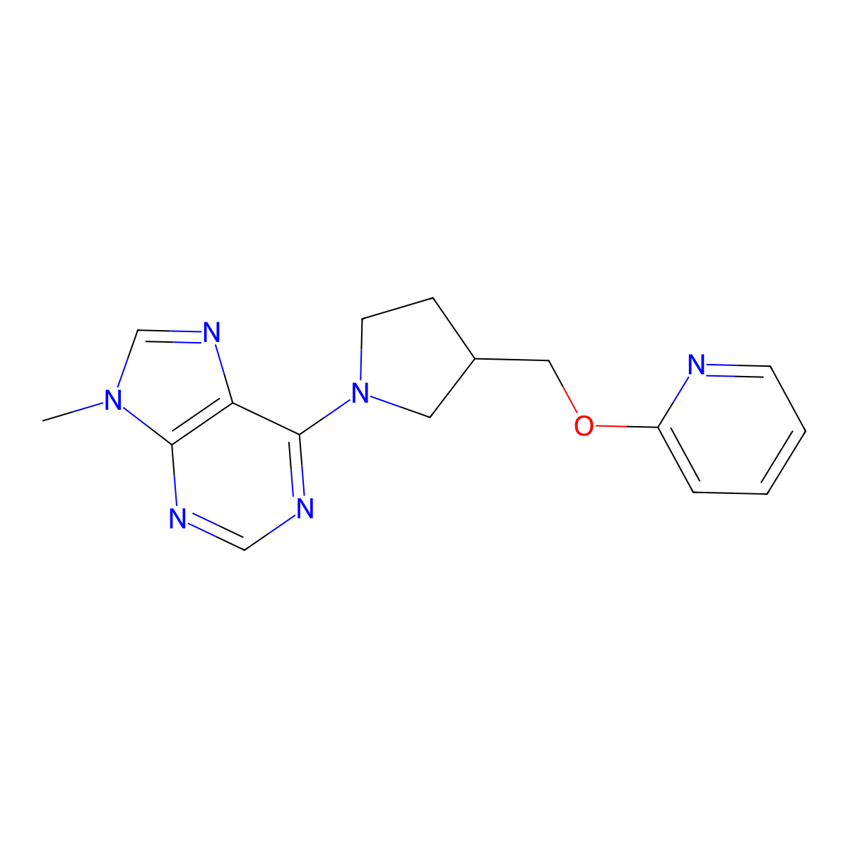 9-methyl-6-{3-[(pyridin-2-yloxy)methyl]pyrrolidin-1-yl}-9H-purine molecular structure, CAS 2415454-44-1