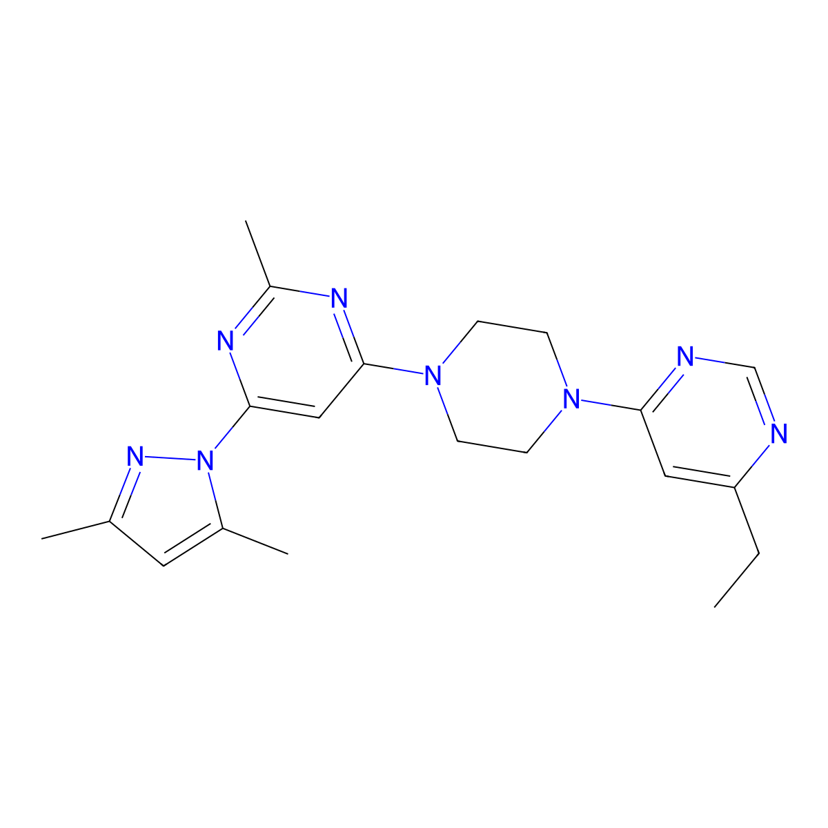 4-(3,5-dimethyl-1H-pyrazol-1-yl)-6-[4-(6-ethylpyrimidin-4-yl)piperazin-1-yl]-2-methylpyrimidine molecular structure, CAS 2415454-47-4