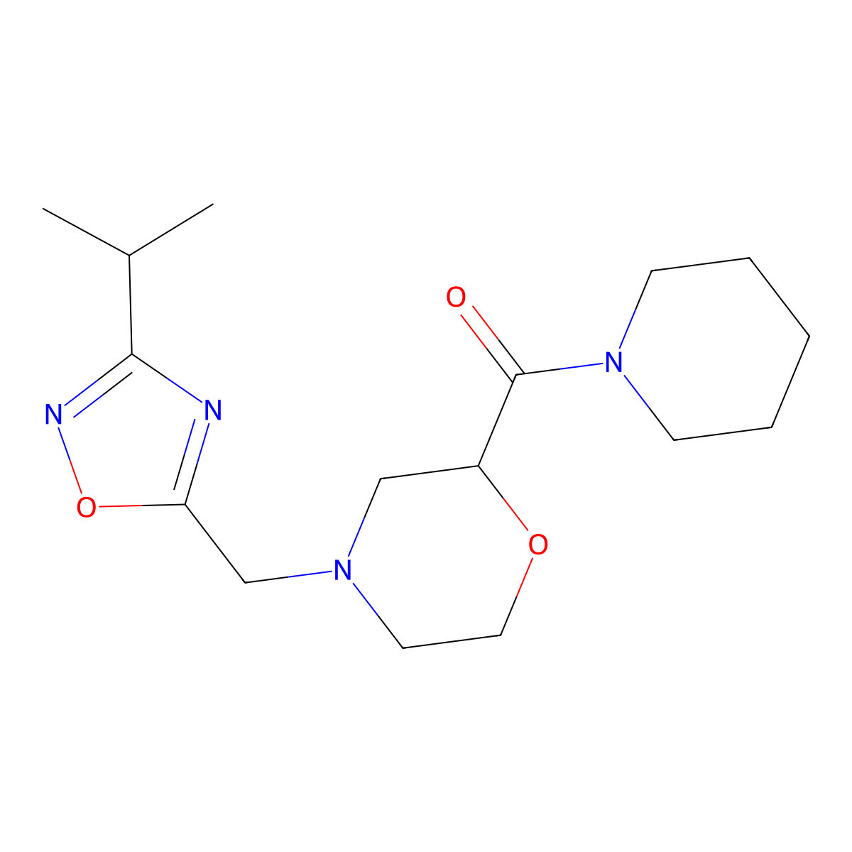 2-(Piperidine-1-carbonyl)-4-{[3-(propan-2-yl)-1,2,4-oxadiazol-5-yl]methyl}morpholine molecular structure, CAS 2415454-48-5