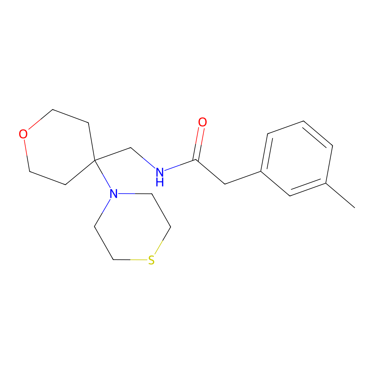 2-(3-methylphenyl)-N-{[4-(thiomorpholin-4-yl)oxan-4-yl]methyl}acetamide molecular structure, CAS 2415454-52-1
