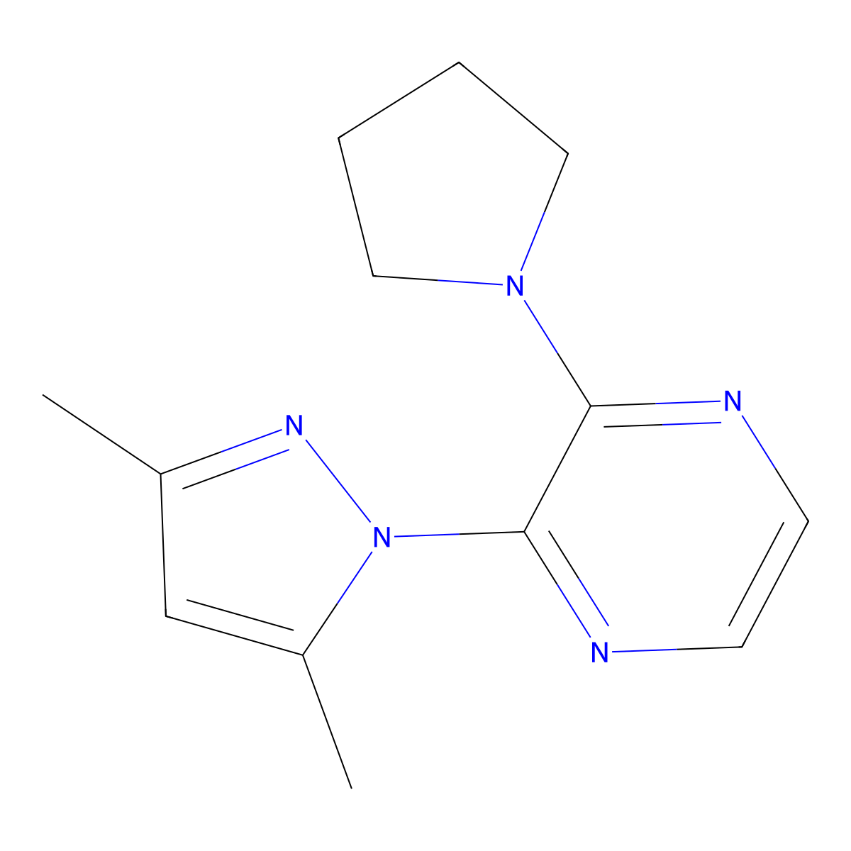 2-(3,5-dimethyl-1H-pyrazol-1-yl)-3-(pyrrolidin-1-yl)pyrazine molecular structure, CAS 2415454-57-6