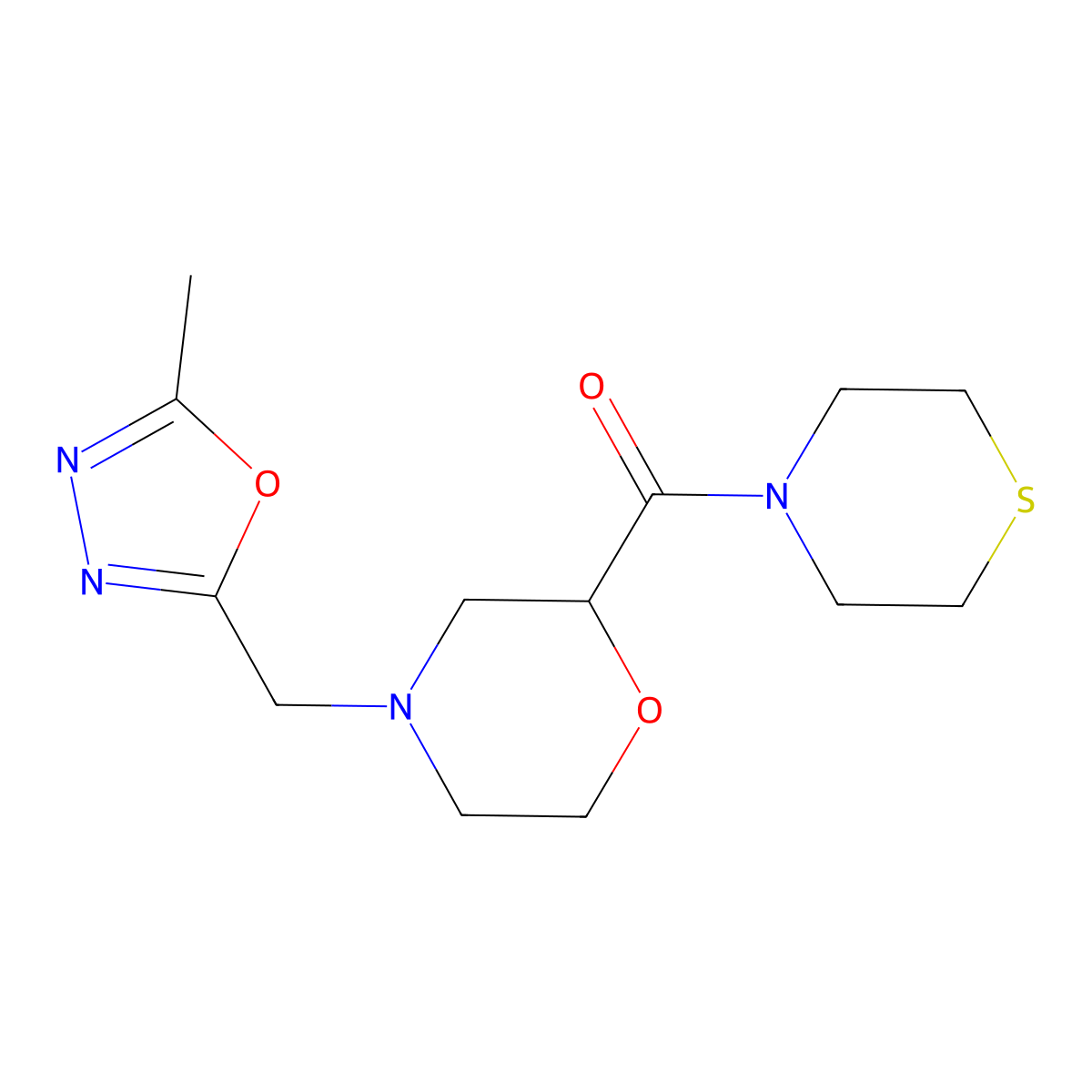 4-[(5-Methyl-1,3,4-oxadiazol-2-yl)methyl]-2-(thiomorpholine-4-carbonyl)morpholine molecular structure, CAS 2415454-79-2