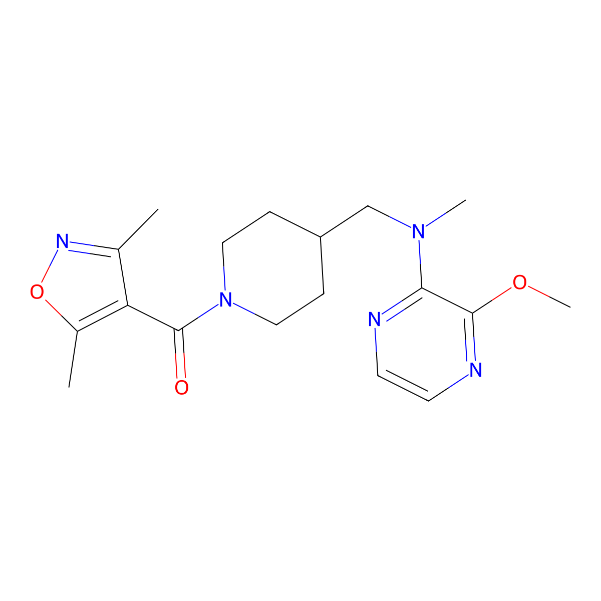 N-{[1-(3,5-dimethyl-1,2-oxazole-4-carbonyl)piperidin-4-yl]methyl}-3-methoxy-N-methylpyrazin-2-amine molecular structure, CAS 2415454-82-7