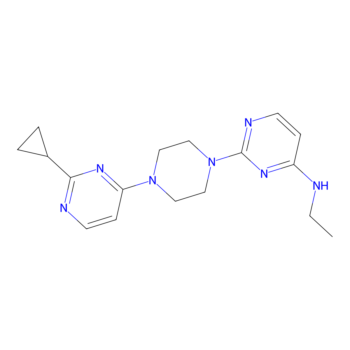 2-[4-(2-Cyclopropylpyrimidin-4-yl)piperazin-1-yl]-N-ethylpyrimidin-4-amine molecular structure, CAS 2415454-95-2