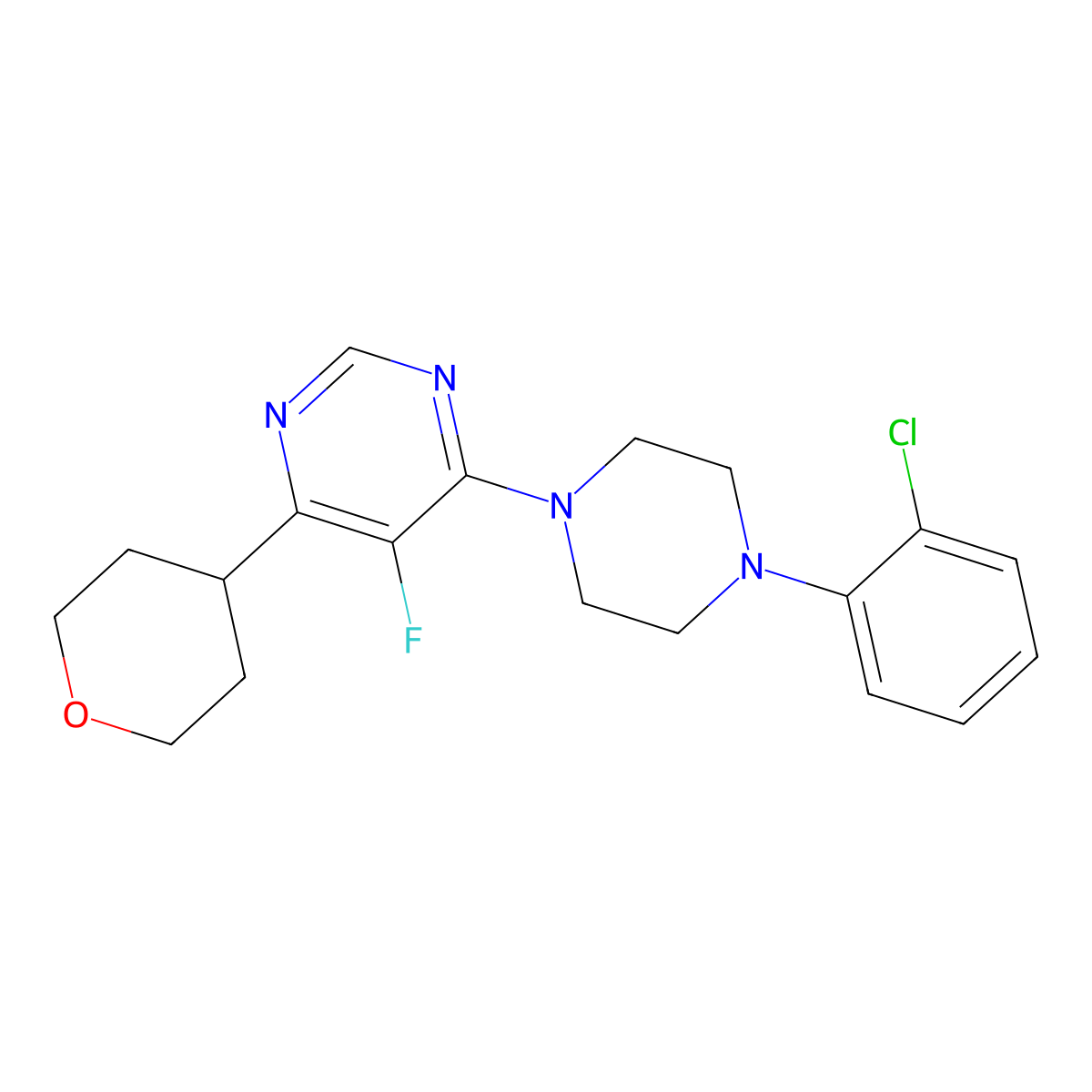4-[4-(2-Chlorophenyl)piperazin-1-yl]-5-fluoro-6-(oxan-4-yl)pyrimidine molecular structure, CAS 2415454-97-4
