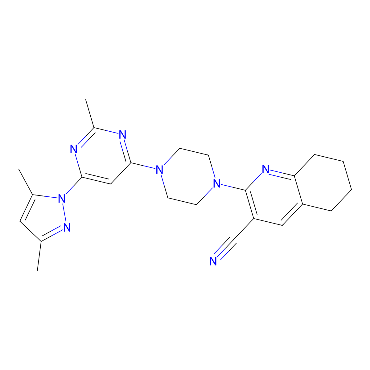 2-{4-[6-(3,5-dimethyl-1H-pyrazol-1-yl)-2-methylpyrimidin-4-yl]piperazin-1-yl}-5,6,7,8-tetrahydroquinoline-3-carbonitrile molecular structure, CAS 2415455-07-9
