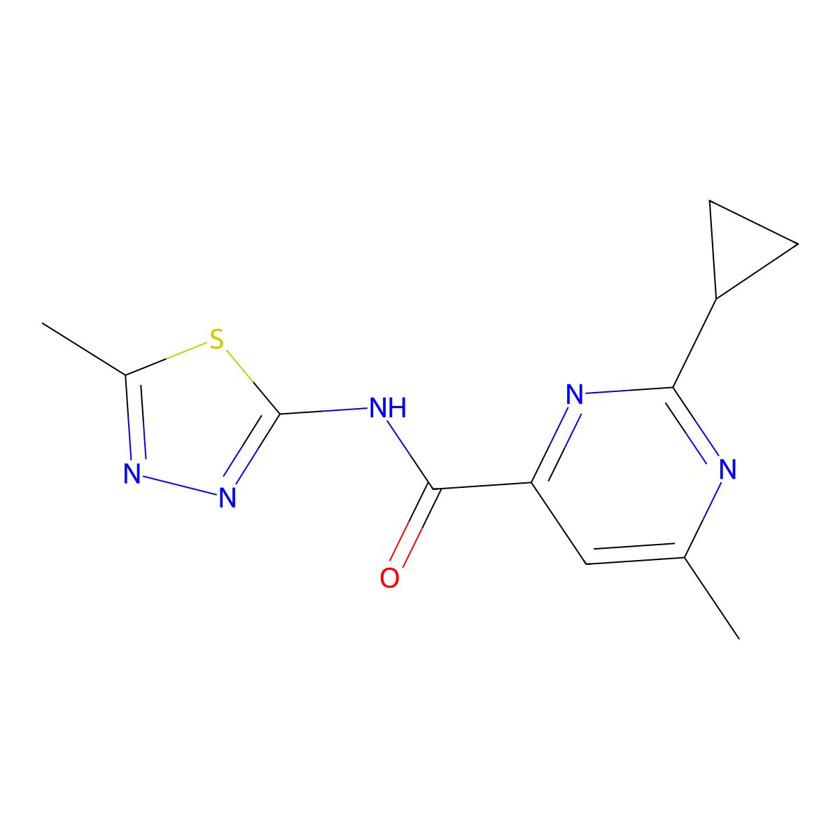 2-Cyclopropyl-6-methyl-N-(5-methyl-1,3,4-thiadiazol-2-yl)pyrimidine-4-carboxamide molecular structure, CAS 2415455-17-1