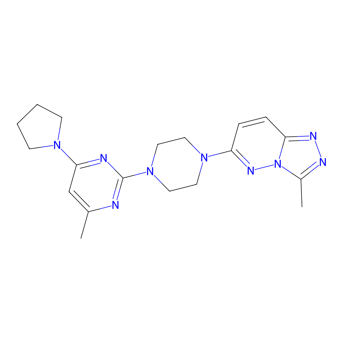 4-Methyl-2-(4-{3-methyl-[1,2,4]triazolo[4,3-b]pyridazin-6-yl}piperazin-1-yl)-6-(pyrrolidin-1-yl)pyrimidine molecular structure, CAS 2415455-26-2
