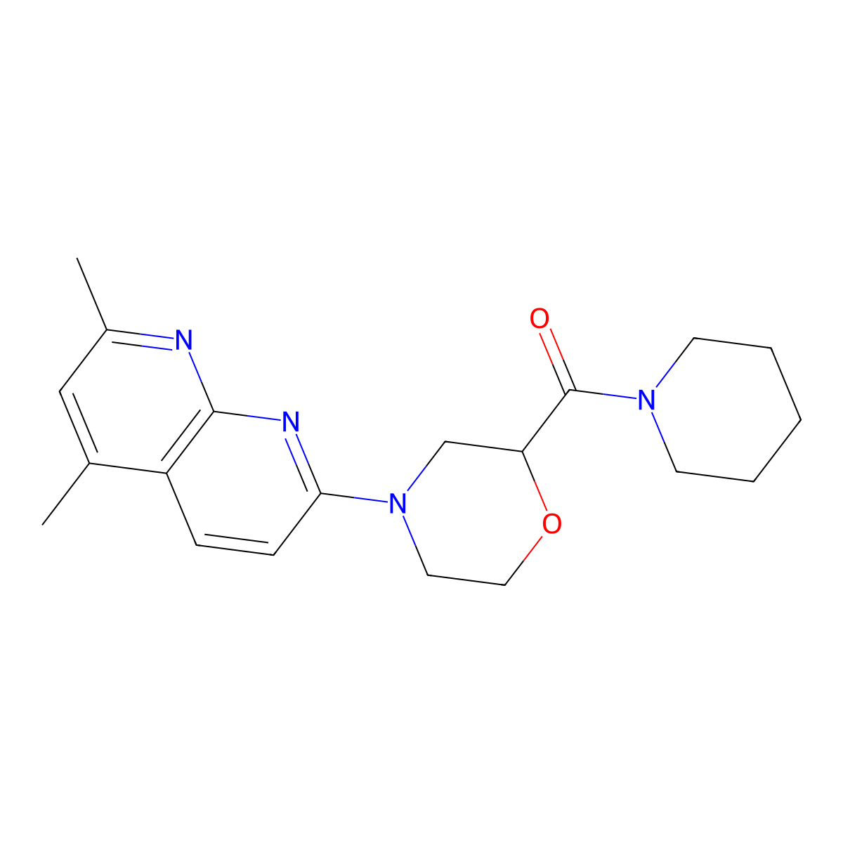 2,4-Dimethyl-7-[2-(piperidine-1-carbonyl)morpholin-4-yl]-1,8-naphthyridine molecular structure, CAS 2415455-33-1