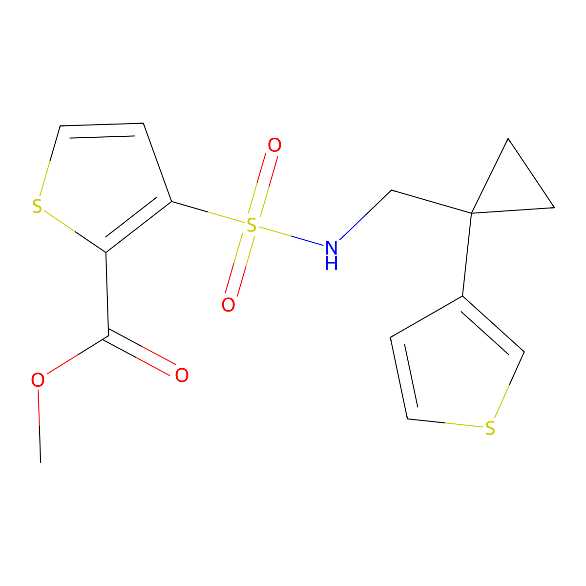 Methyl 3-({[1-(thiophen-3-yl)cyclopropyl]methyl}sulfamoyl)thiophene-2-carboxylate molecular structure, CAS 2415455-35-3