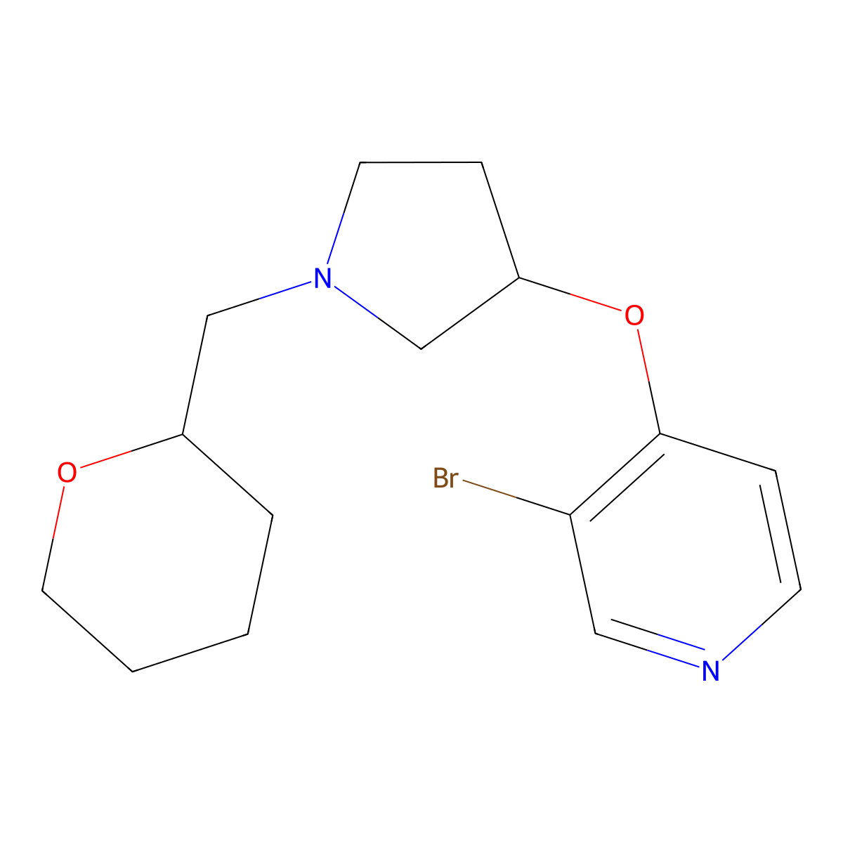 3-Bromo-4-({1-[(oxan-2-yl)methyl]pyrrolidin-3-yl}oxy)pyridine molecular structure, CAS 2415455-40-0