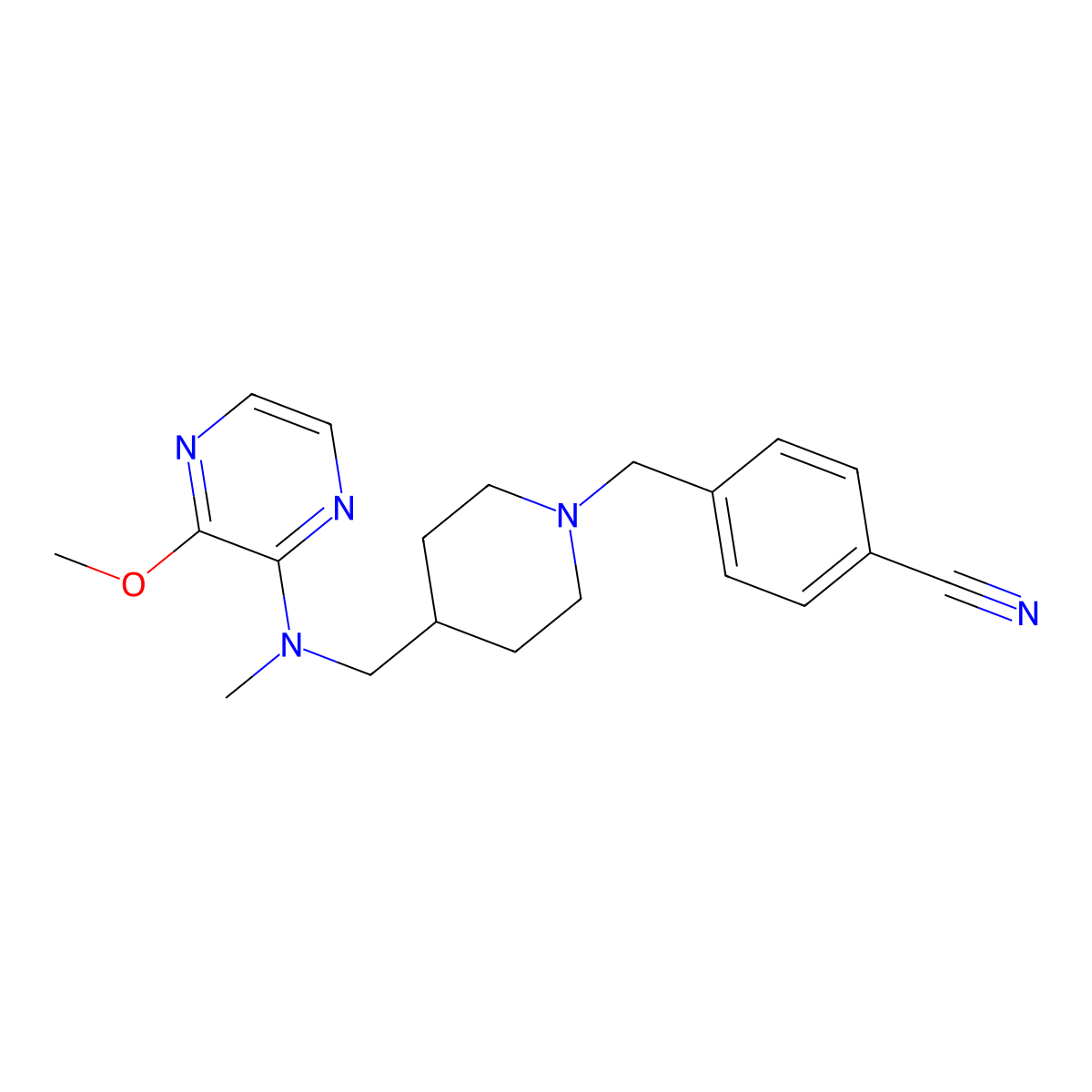 4-[(4-{[(3-Methoxypyrazin-2-yl)(methyl)amino]methyl}piperidin-1-yl)methyl]benzonitrile molecular structure, CAS 2415455-42-2