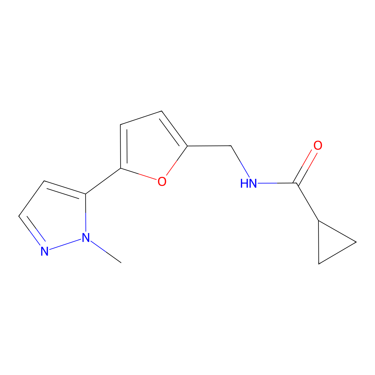 N-{[5-(1-methyl-1H-pyrazol-5-yl)furan-2-yl]methyl}cyclopropanecarboxamide molecular structure, CAS 2415455-45-5