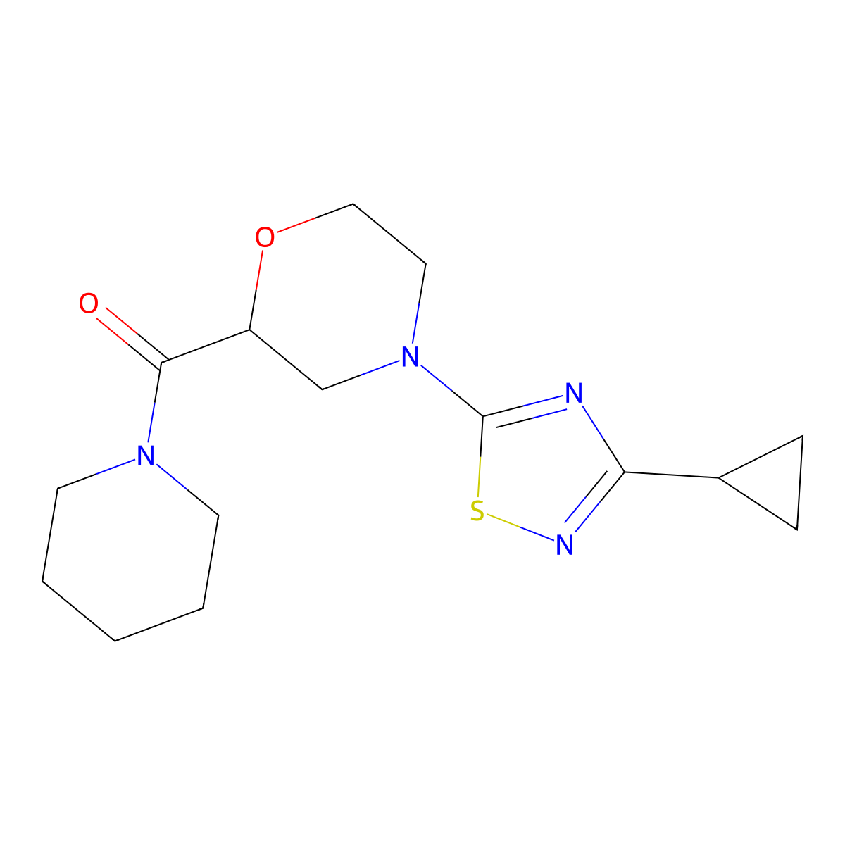 4-(3-Cyclopropyl-1,2,4-thiadiazol-5-yl)-2-(piperidine-1-carbonyl)morpholine molecular structure, CAS 2415455-47-7