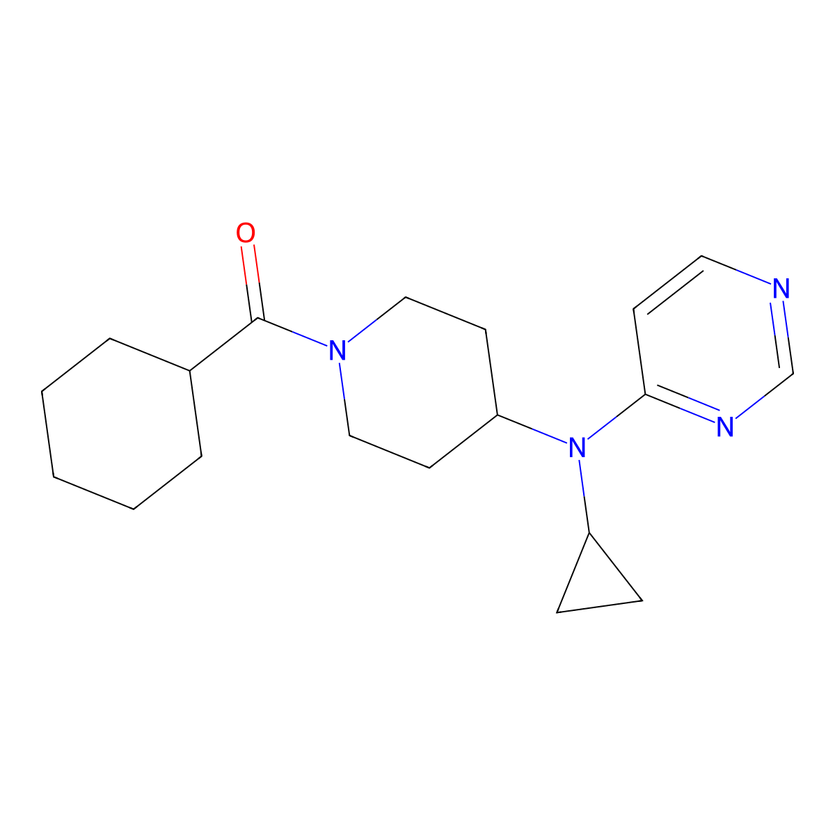 N-(1-cyclohexanecarbonylpiperidin-4-yl)-N-cyclopropylpyrimidin-4-amine molecular structure, CAS 2415455-59-1