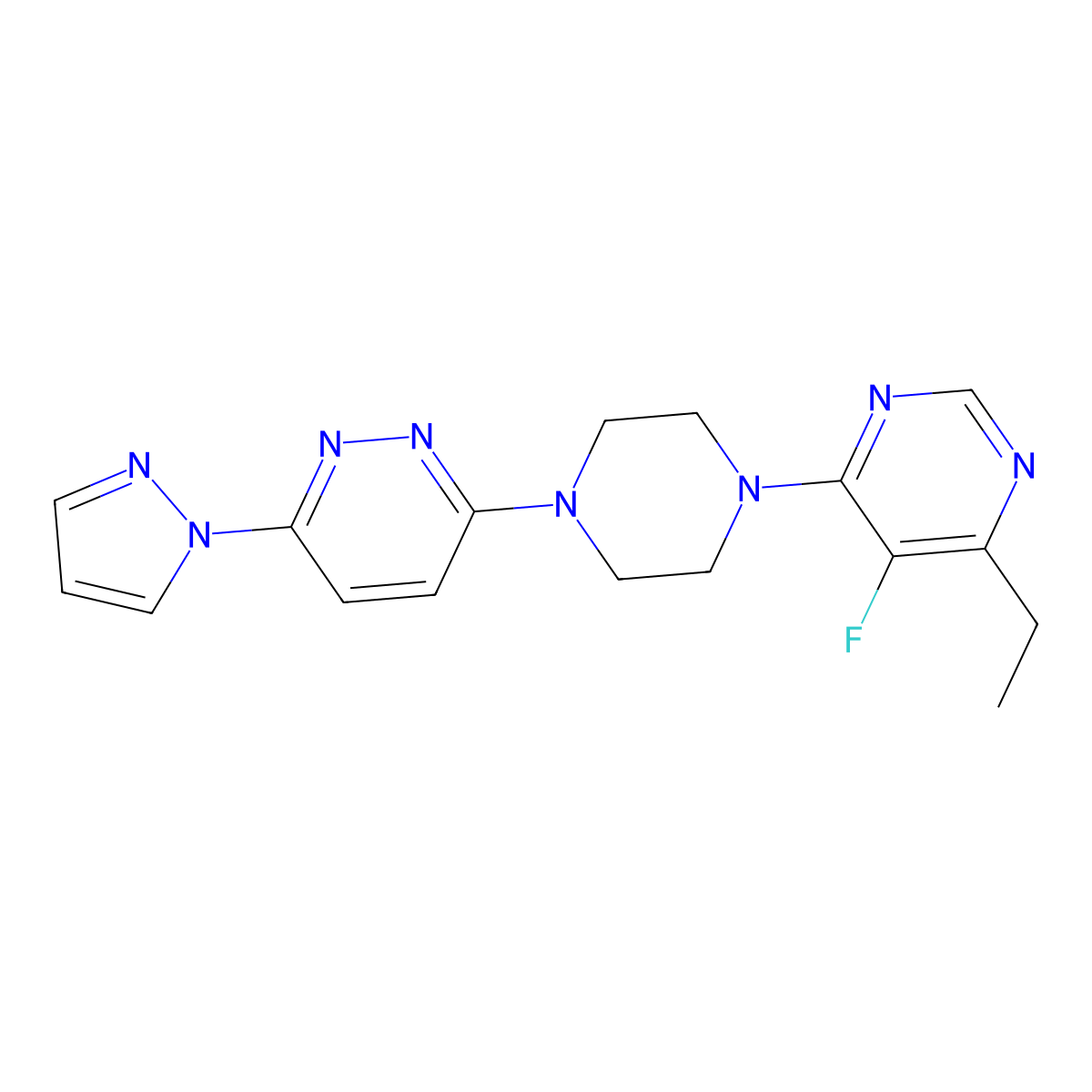 4-ethyl-5-fluoro-6-{4-[6-(1H-pyrazol-1-yl)pyridazin-3-yl]piperazin-1-yl}pyrimidine molecular structure, CAS 2415455-60-4