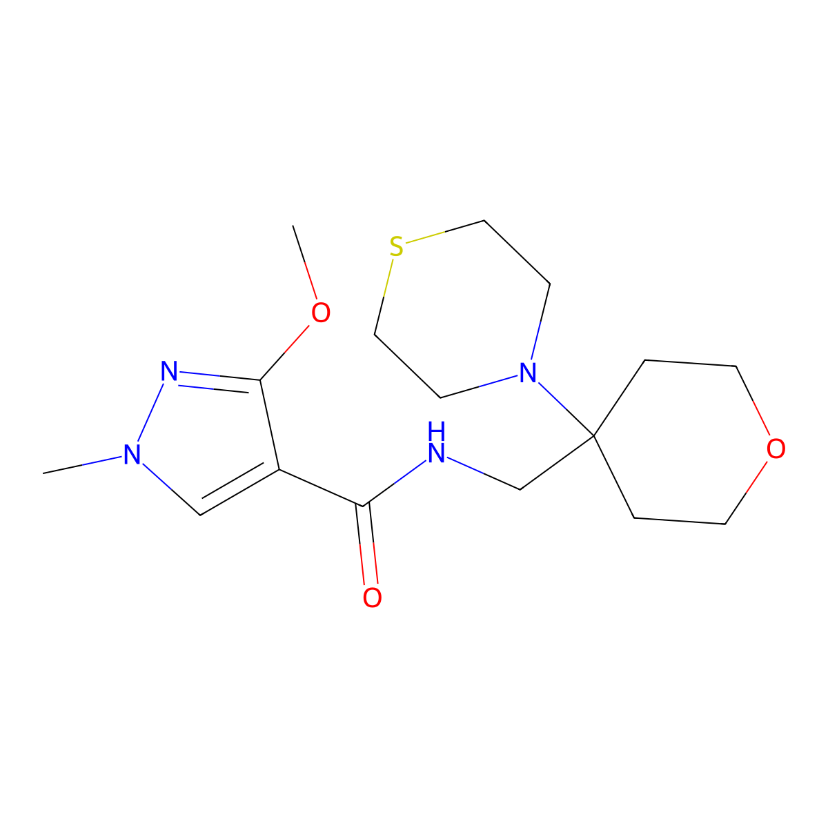 3-methoxy-1-methyl-N-{[4-(thiomorpholin-4-yl)oxan-4-yl]methyl}-1H-pyrazole-4-carboxamide molecular structure, CAS 2415455-61-5