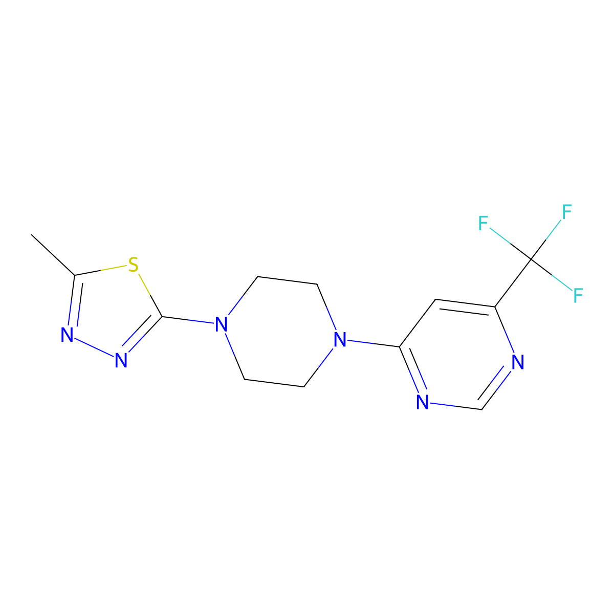4-[4-(5-Methyl-1,3,4-thiadiazol-2-yl)piperazin-1-yl]-6-(trifluoromethyl)pyrimidine molecular structure, CAS 2415455-62-6