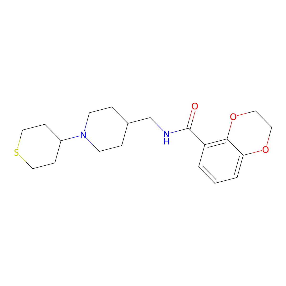 N-{[1-(thian-4-yl)piperidin-4-yl]methyl}-2,3-dihydro-1,4-benzodioxine-5-carboxamide molecular structure, CAS 2415455-70-6