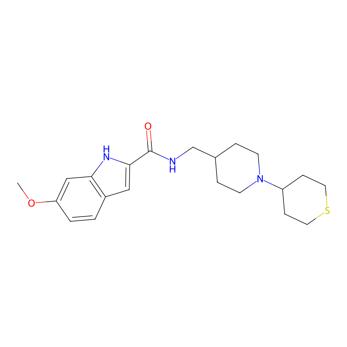 6-methoxy-N-{[1-(thian-4-yl)piperidin-4-yl]methyl}-1H-indole-2-carboxamide molecular structure, CAS 2415455-78-4