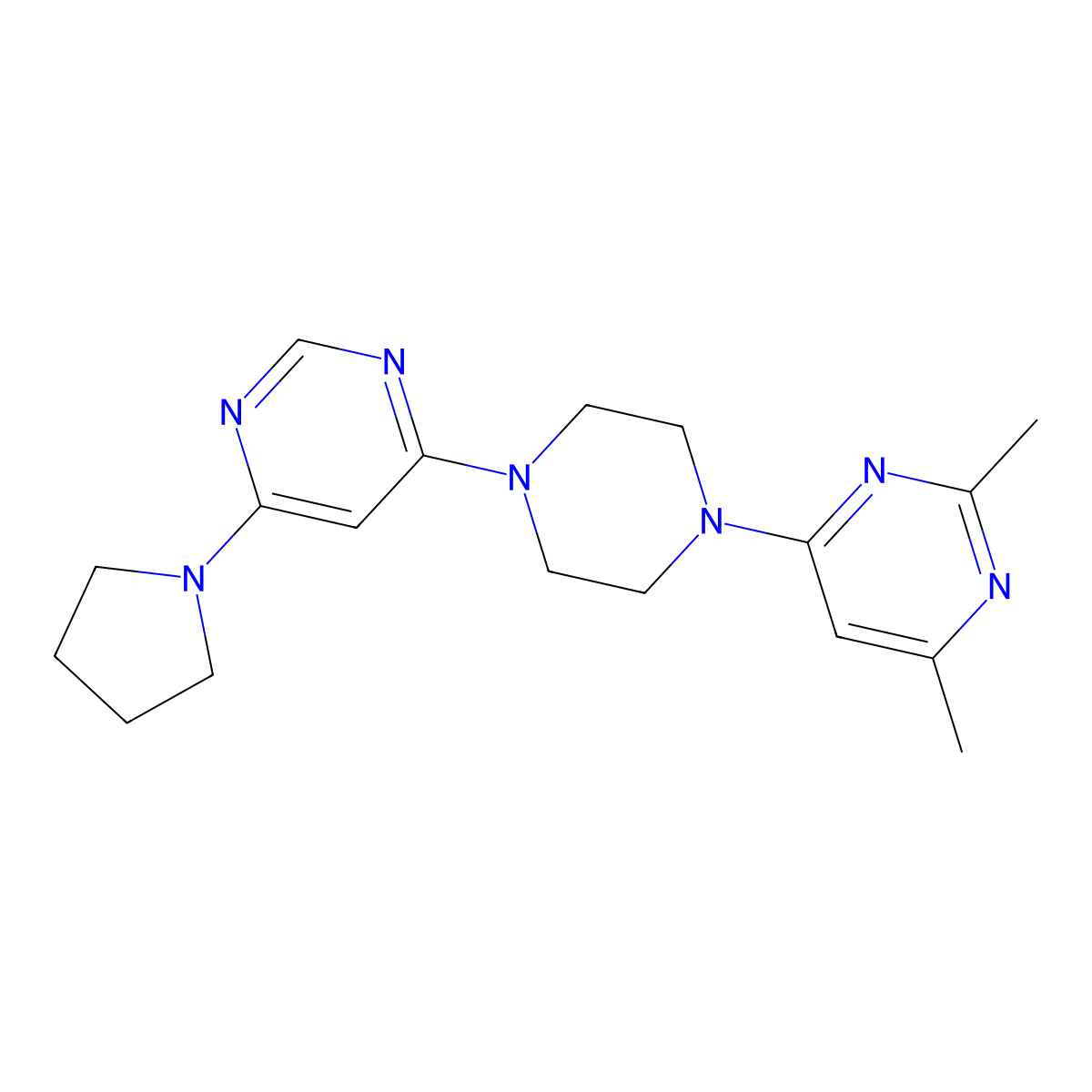 2,4-Dimethyl-6-{4-[6-(pyrrolidin-1-yl)pyrimidin-4-yl]piperazin-1-yl}pyrimidine molecular structure, CAS 2415455-79-5