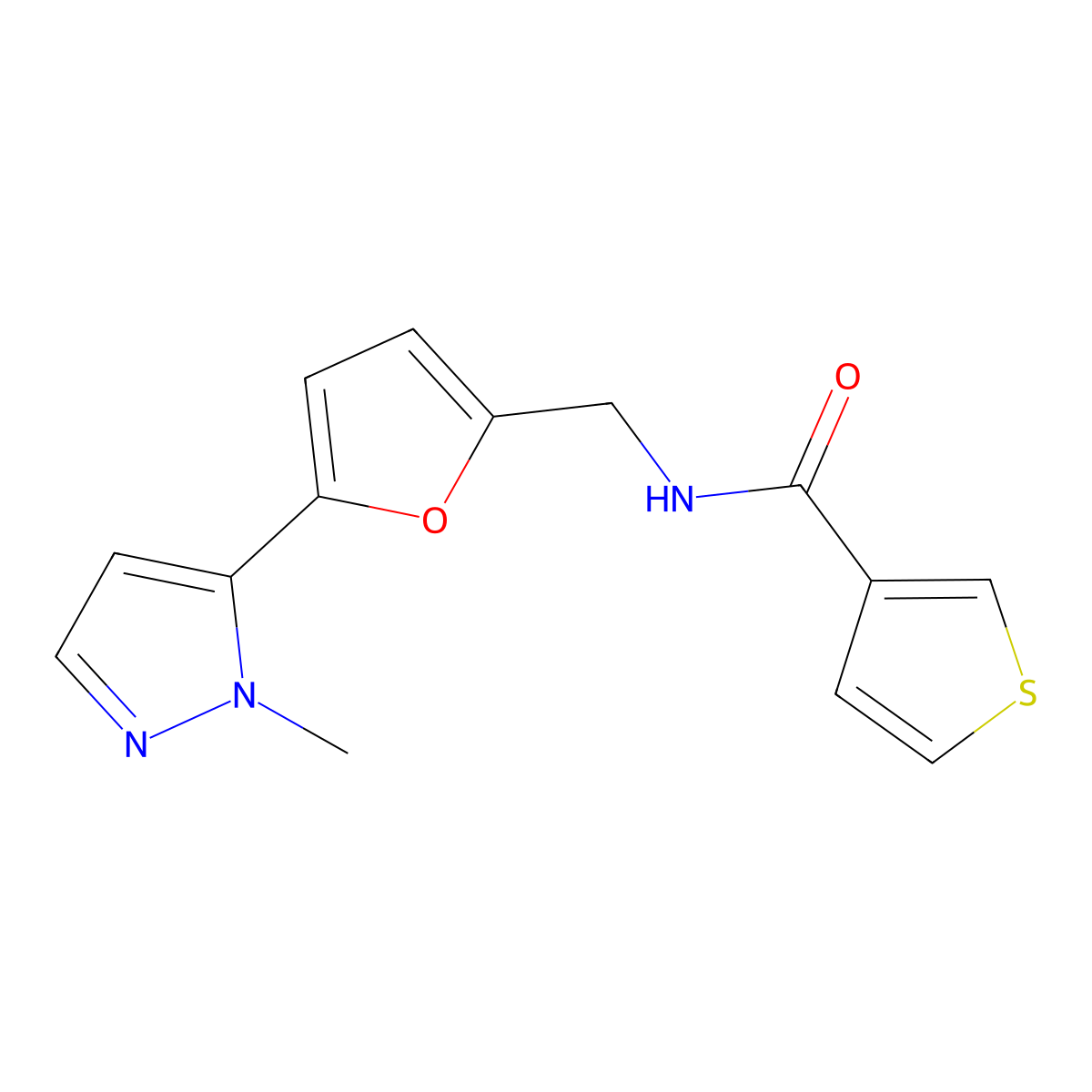 N-{[5-(1-methyl-1H-pyrazol-5-yl)furan-2-yl]methyl}thiophene-3-carboxamide molecular structure, CAS 2415455-83-1